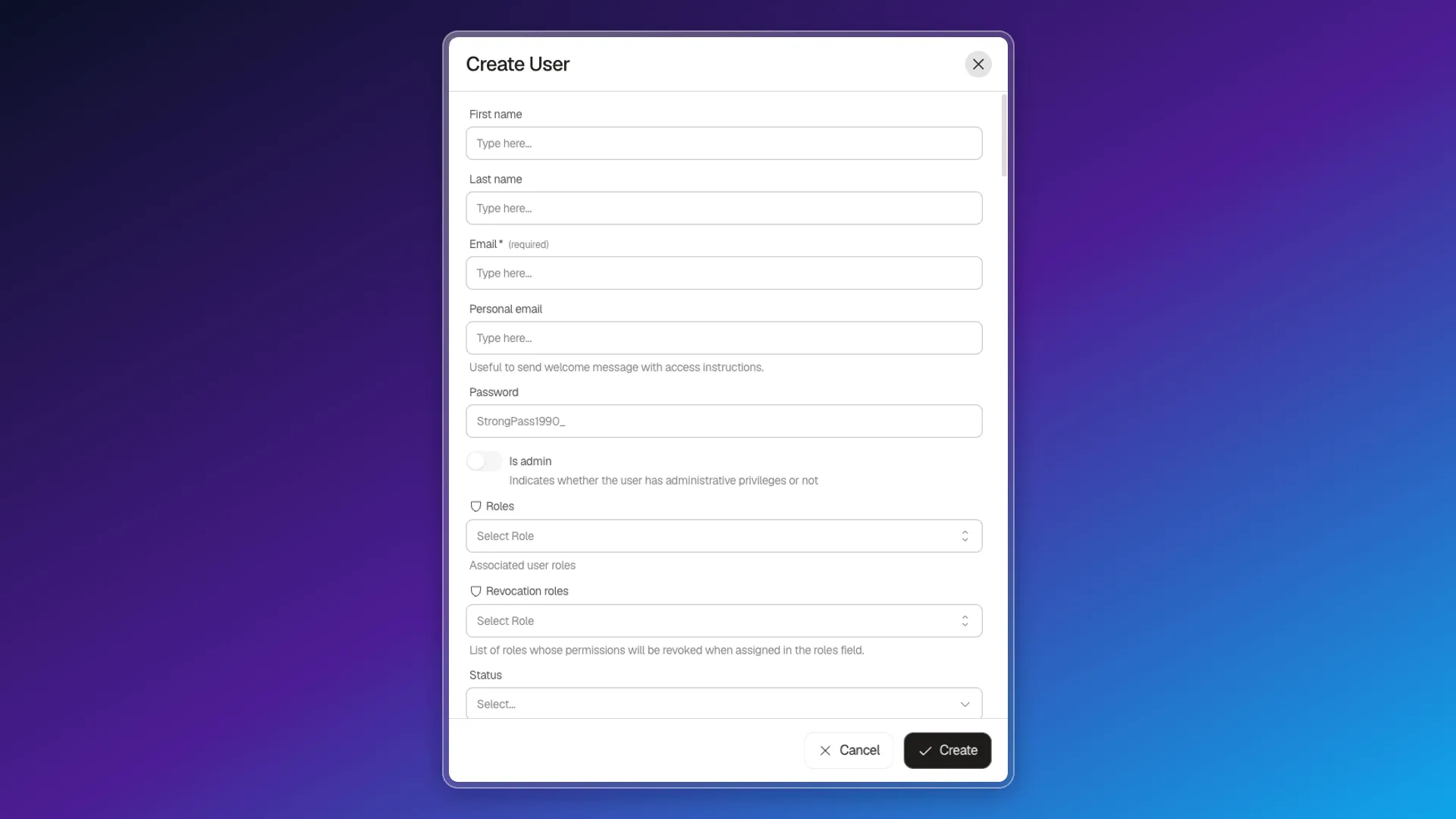 Create User form with fields for name, email, personal email, password, and roles