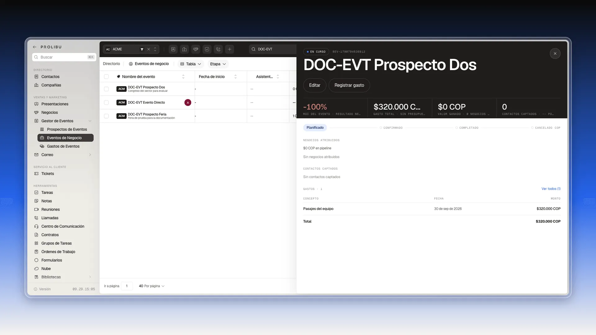 Resumen del evento abierto con la opción Dashboard, con los botones Editar y Registrar gasto