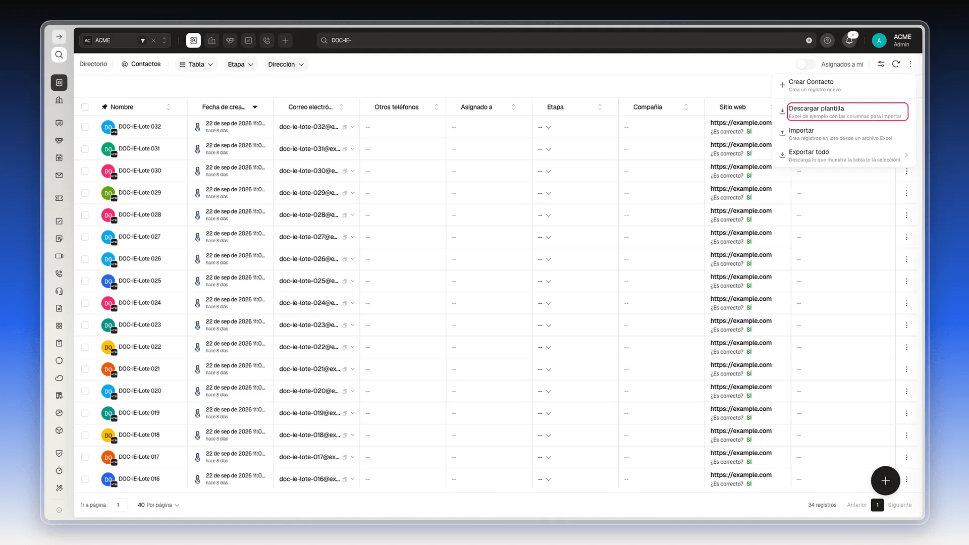 Menú Más acciones de Contactos con la opción Descargar plantilla resaltada, entre Crear Contacto e Importar