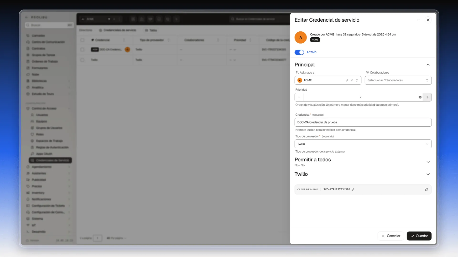 Panel Editar Credencial de servicio con Prioridad cambiada a 2 y las secciones Permitir a todos y Twilio plegadas