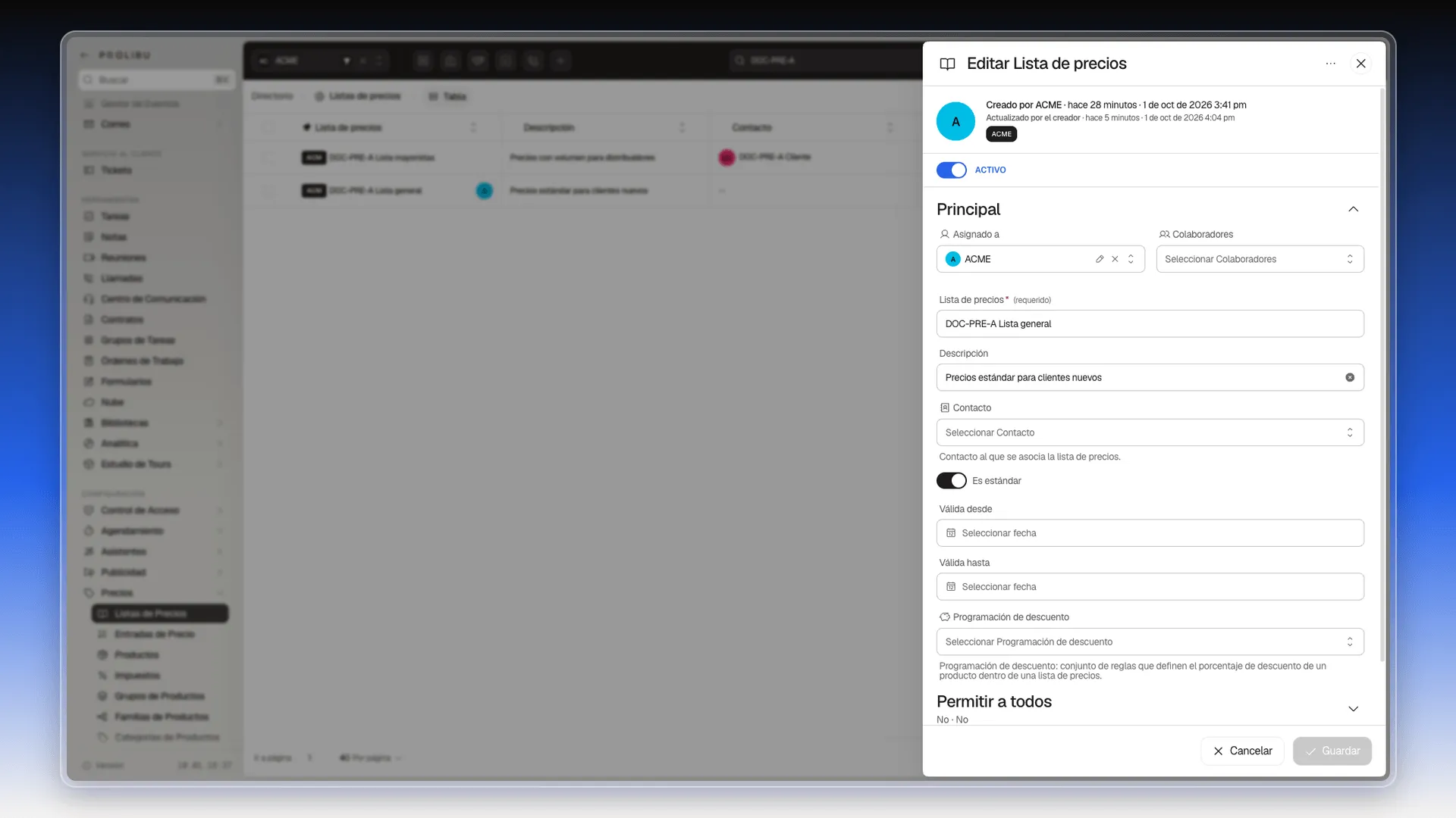 Panel Editar Lista de precios con Asignado a, Lista de precios, Descripción, Contacto, Es estándar, Válida desde, Válida hasta y Programación de descuento