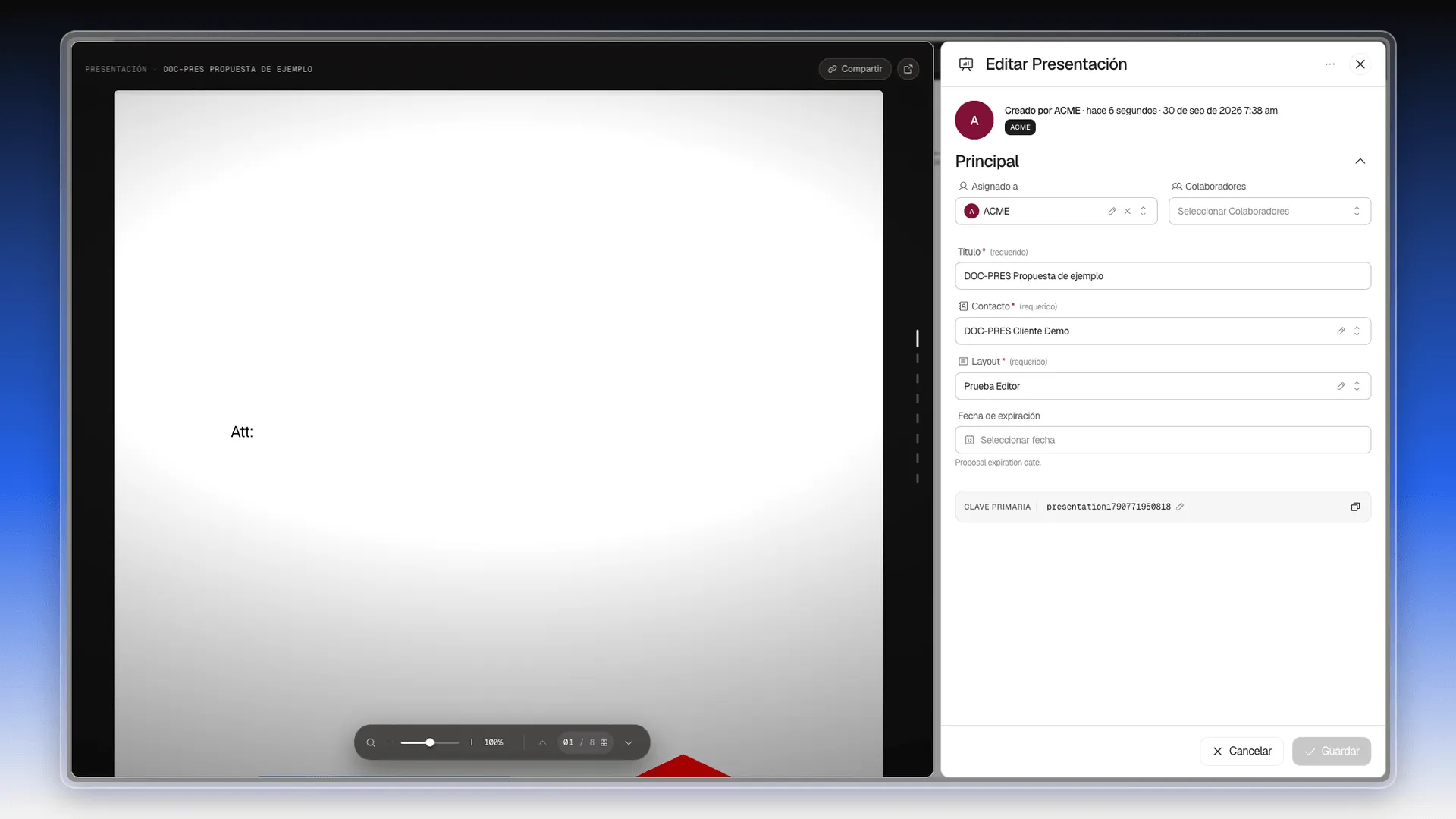 Ficha de una presentación abierta para editar el título, el contacto, el Layout y los responsables