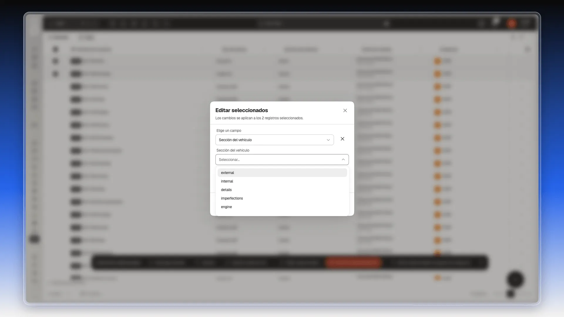 Cuadro Editar seleccionados con el campo Sección del vehículo y sus valores external, internal, details, imperfections y engine