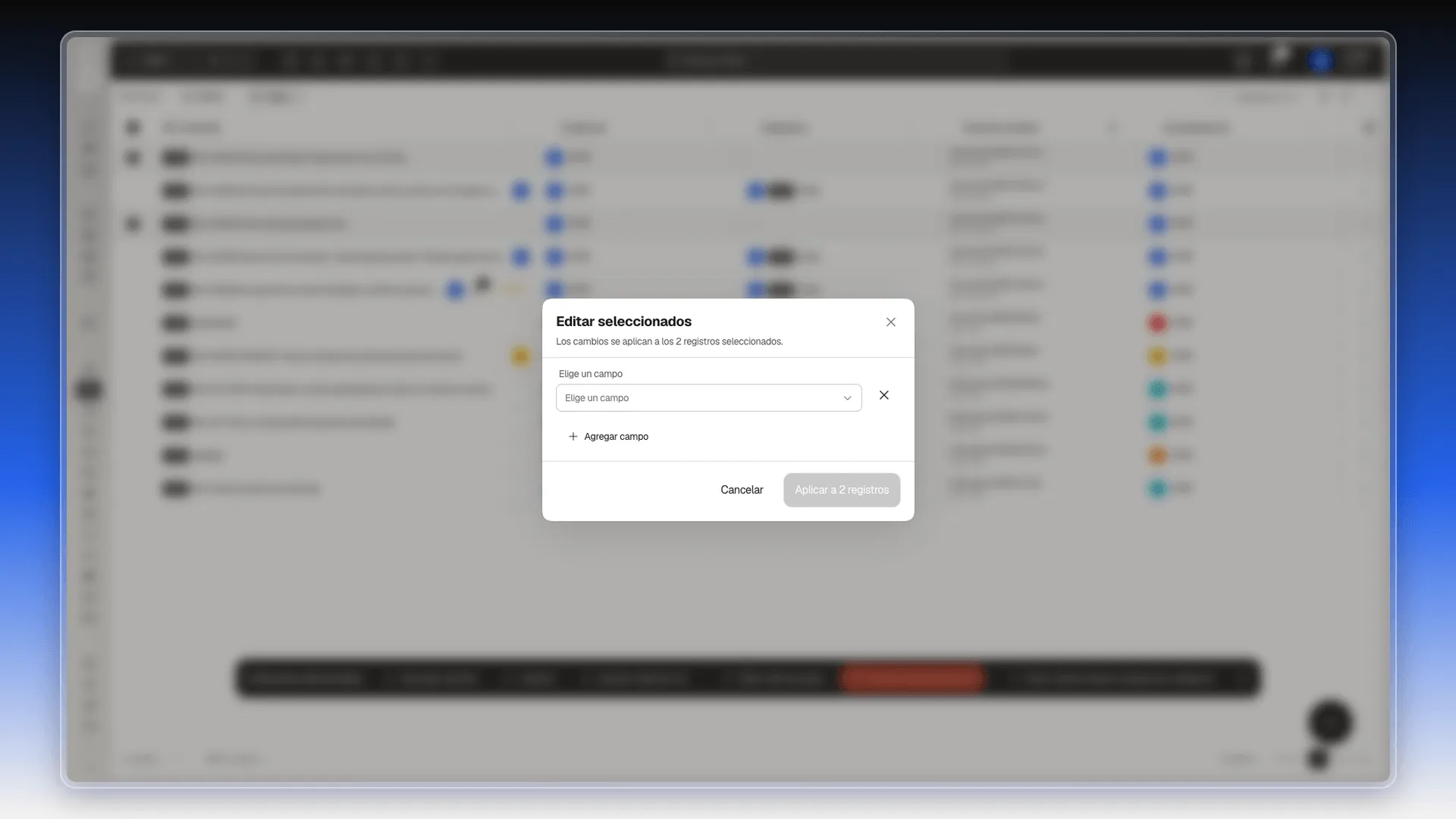 Ventana Editar seleccionados con el selector Elige un campo