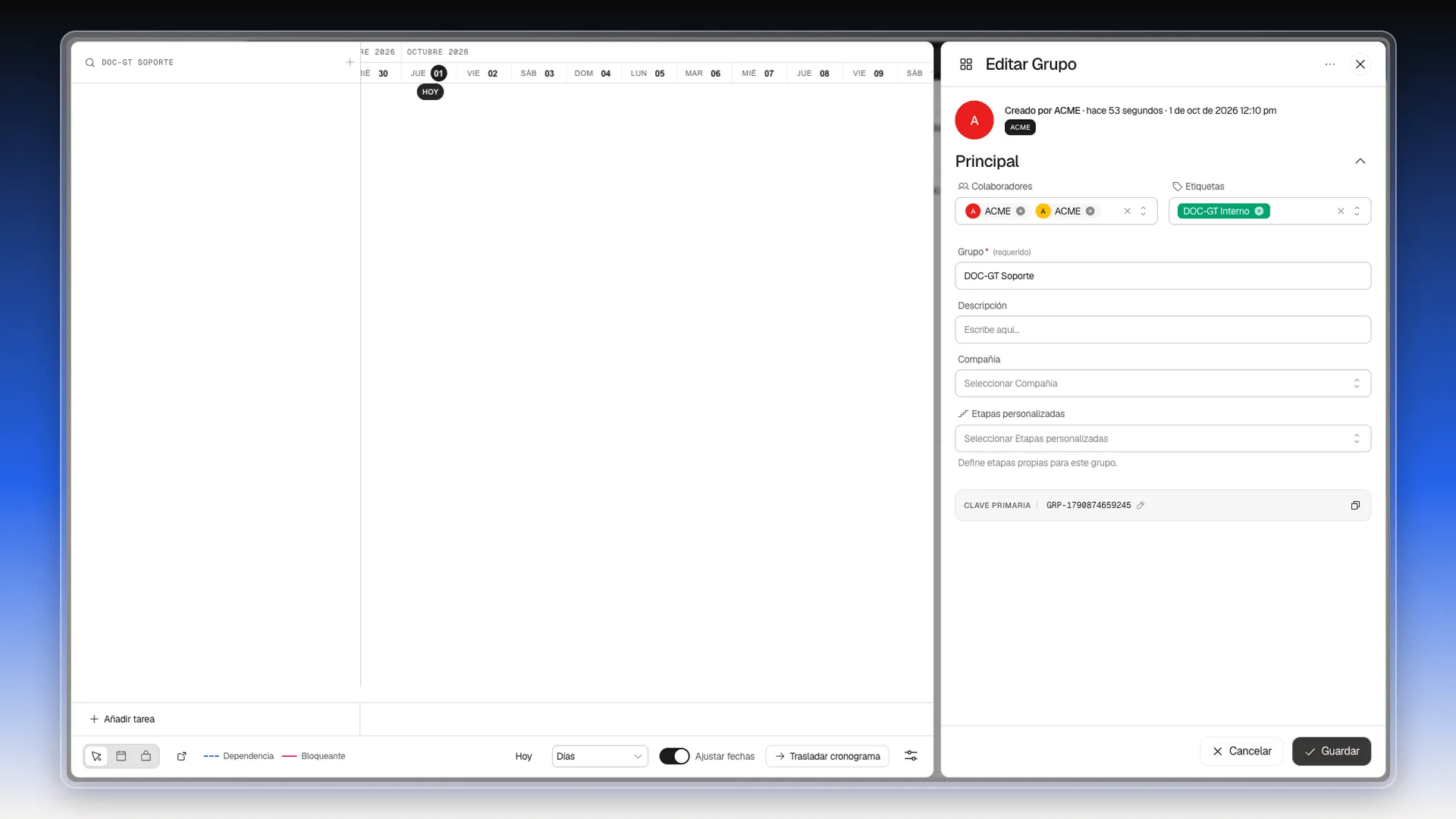 Panel del grupo con la etiqueta recién creada ya asignada