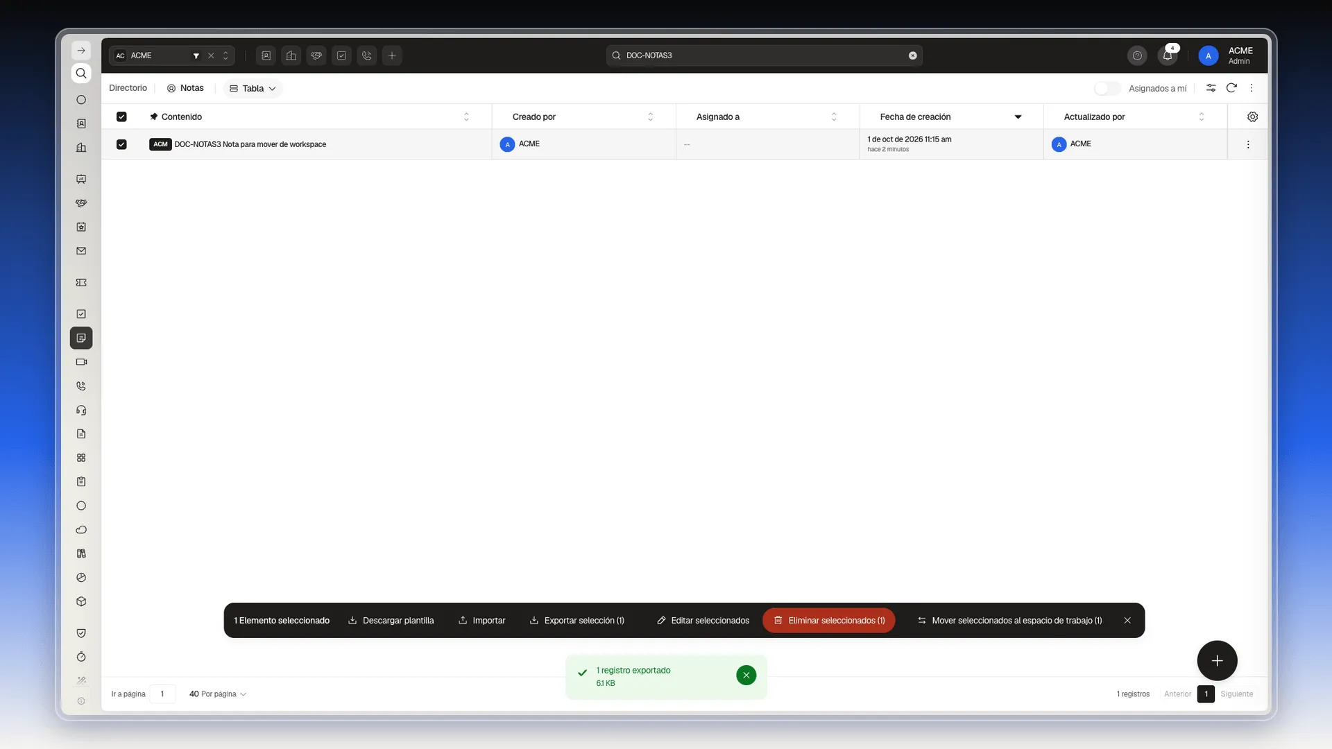 Aviso 1 registro exportado de 6.1 KB tras descargar el Excel