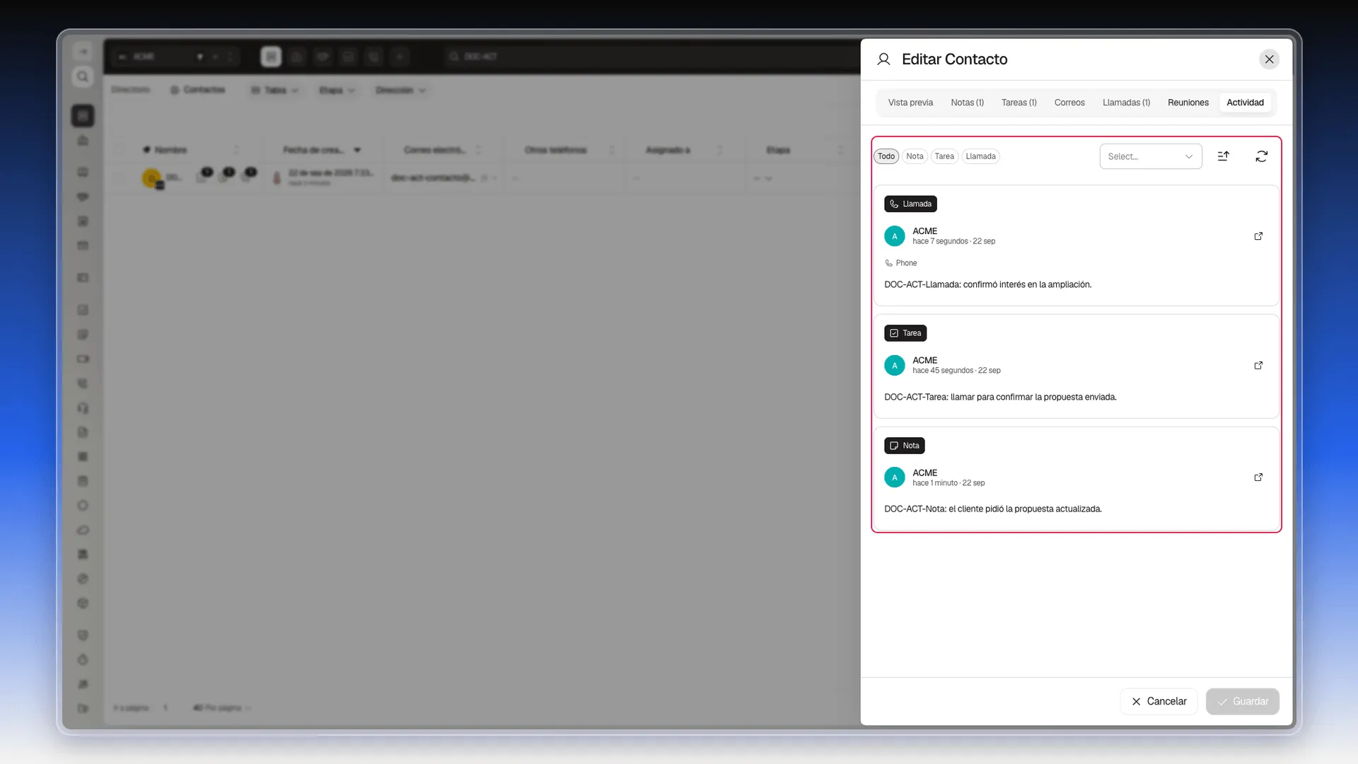 Feed de Actividad de un contacto con una llamada, una tarea y una nota ya registradas