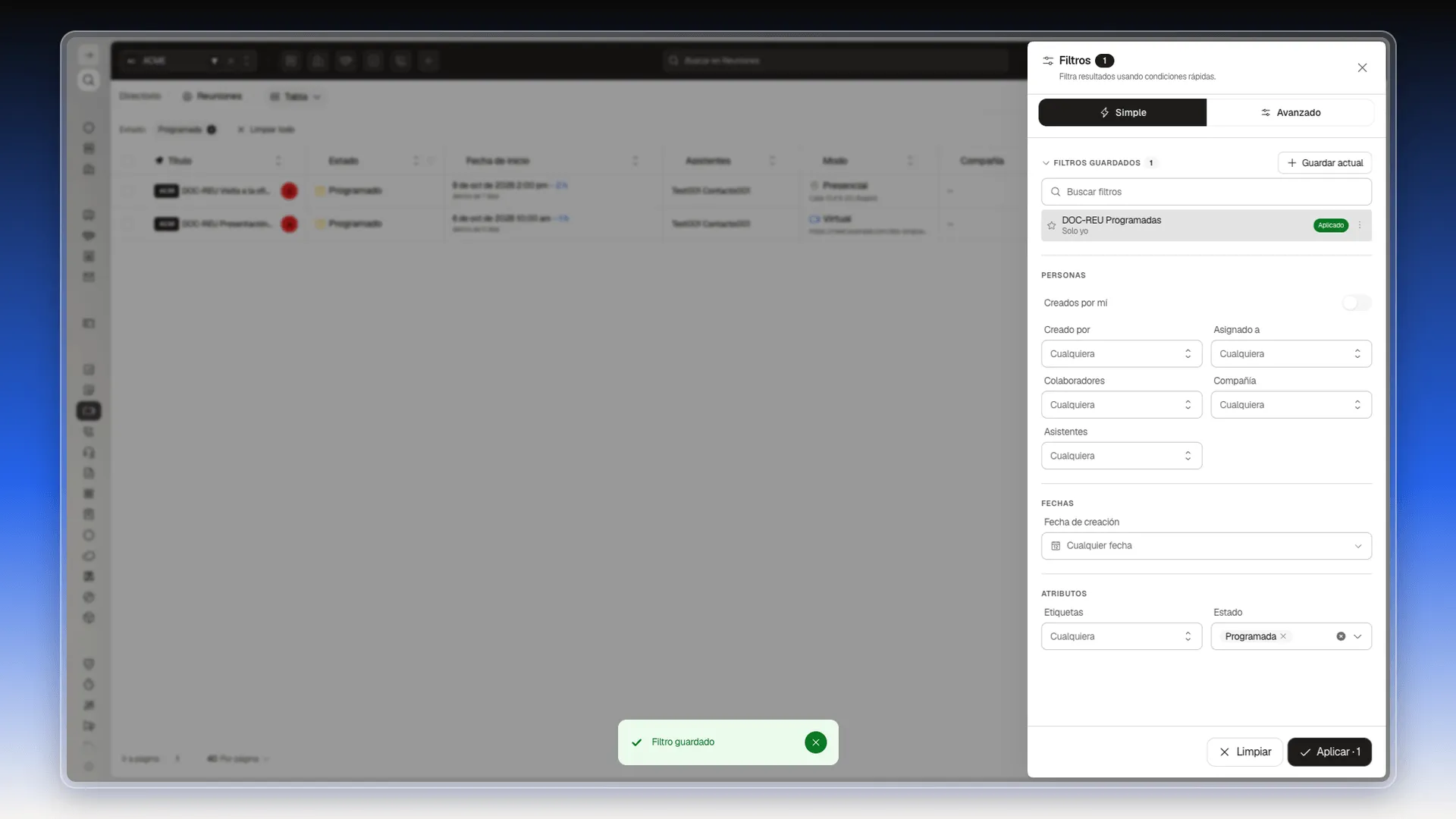 Lista de filtros guardados con el filtro recién creado marcado como Aplicado