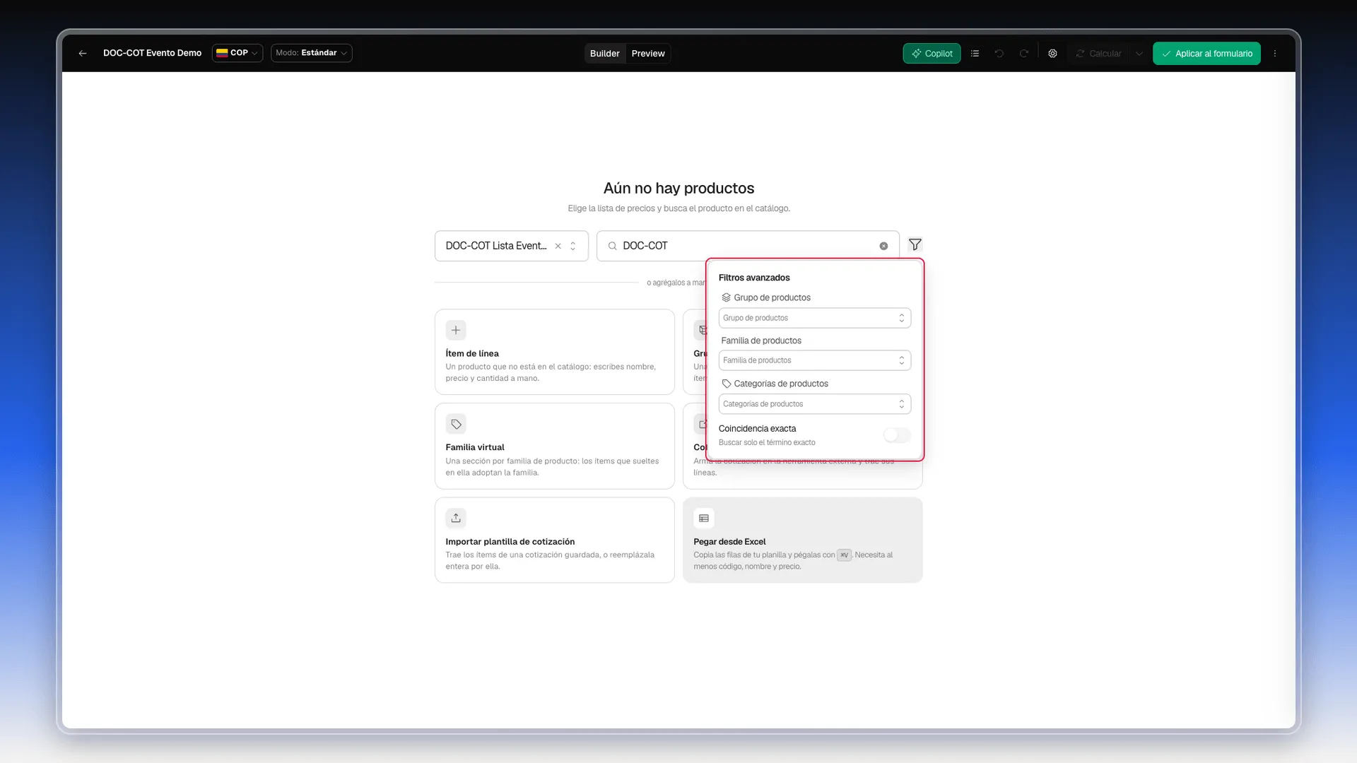 Panel Filtros avanzados del buscador de productos resaltado, con Grupo, Familia, Categorías de productos y Coincidencia exacta