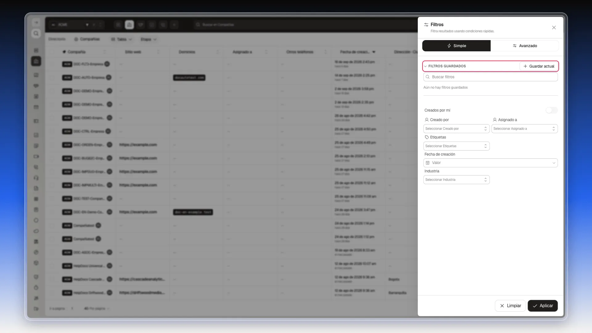 Panel de Filtros con Filtros guardados, Guardar actual y condiciones rápidas