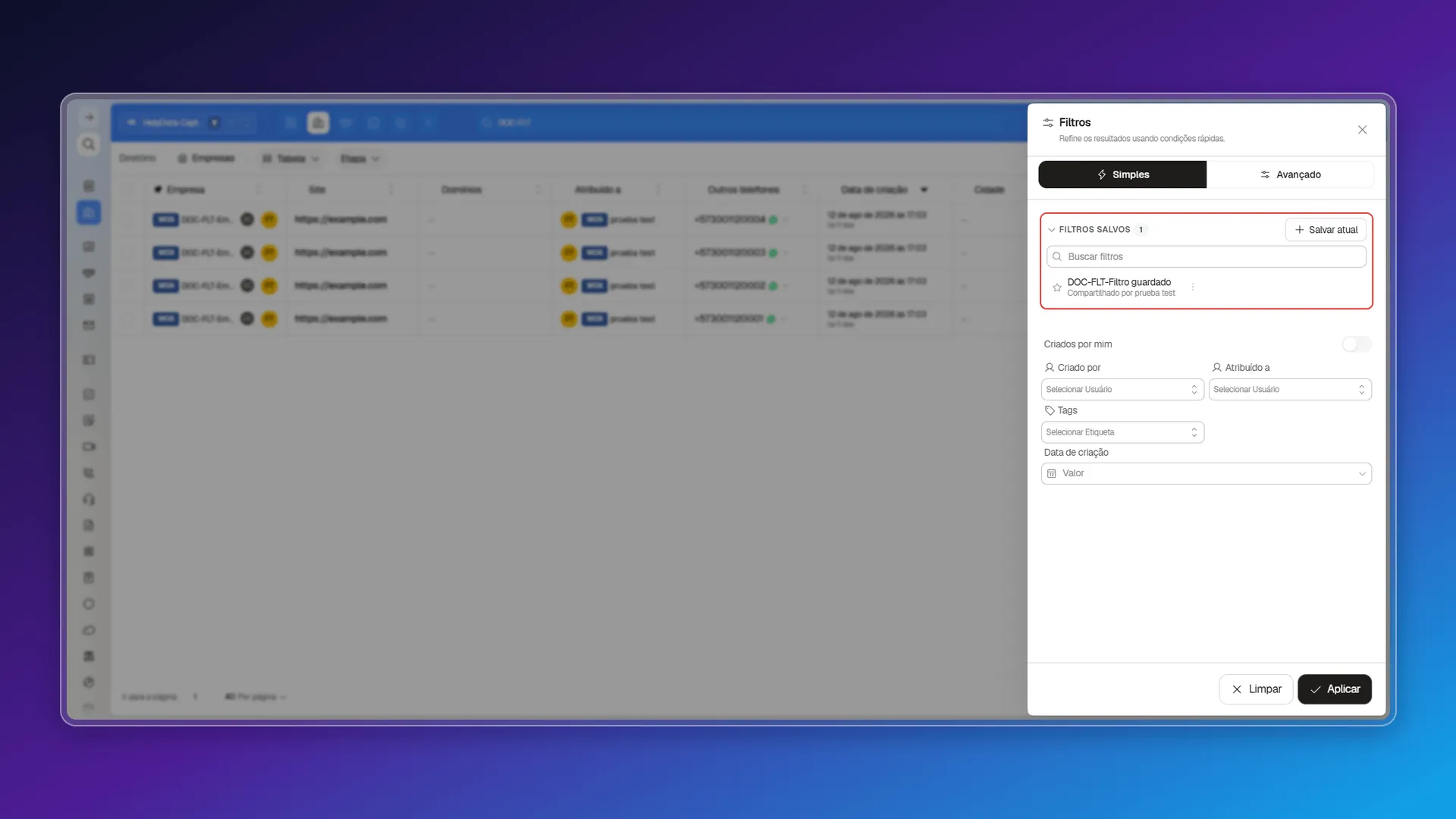 Painel de Filtros com Filtros salvos, Salvar atual e condições rápidas