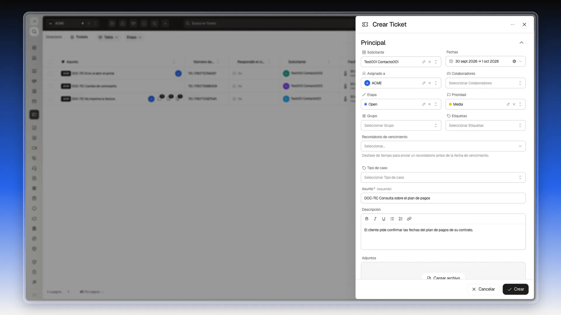 Formulario Crear Ticket completo, con solicitante, asignado, etapa, prioridad, fechas, asunto y descripción