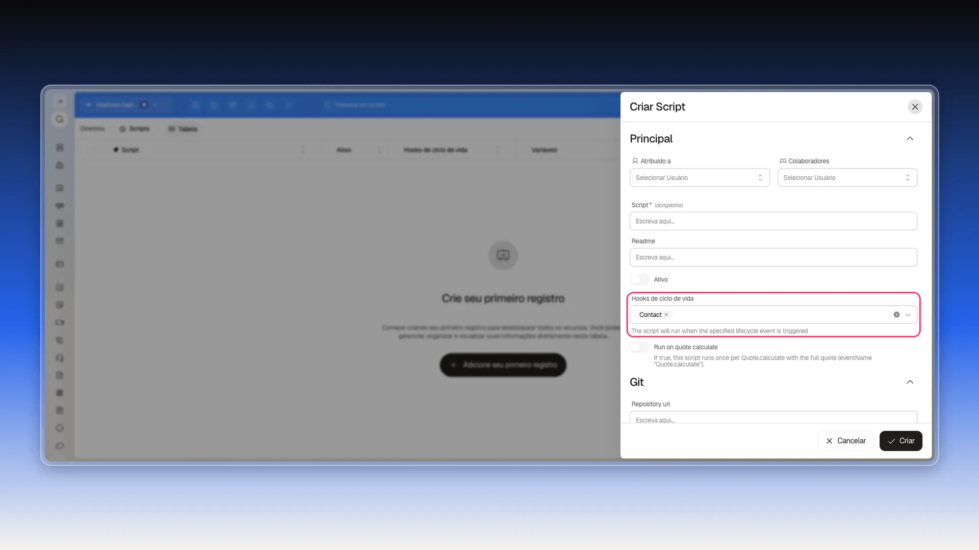 Diálogo Create Script com o objeto Contact selecionado em Lifecycle hooks, destacado