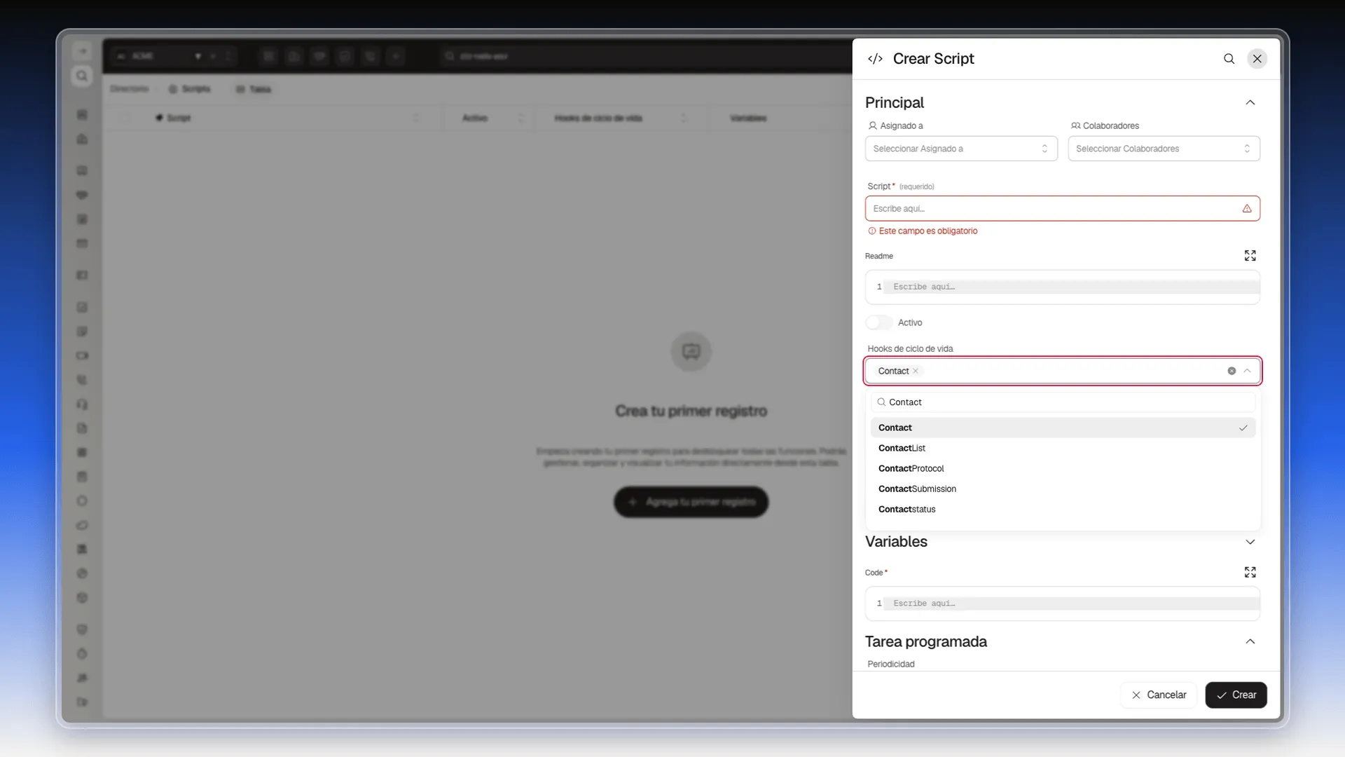 Diálogo Crear Script con el objeto Contact seleccionado en Hooks de ciclo de vida, resaltado
