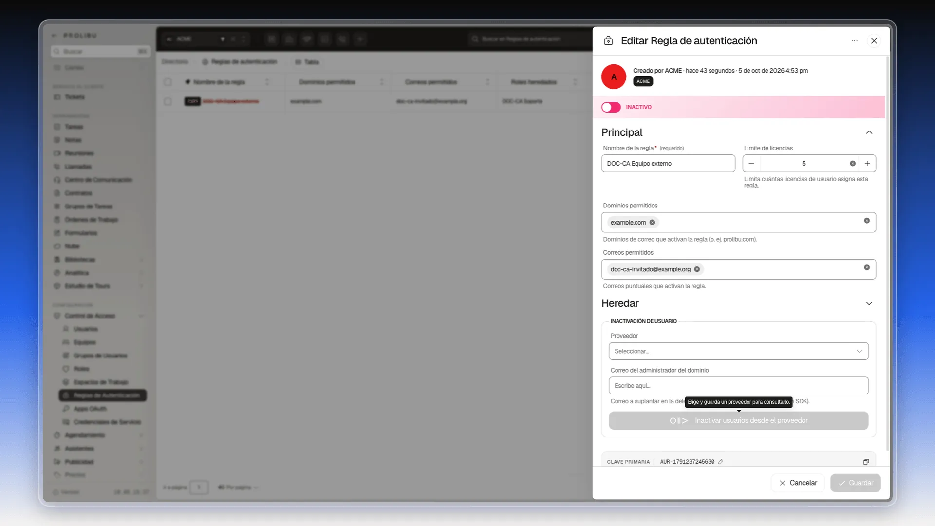 Panel Editar Regla de autenticación con el bloque Inactivación de usuario y el aviso Elige y guarda un proveedor para consultarlo sobre el botón Inactivar usuarios desde el proveedor