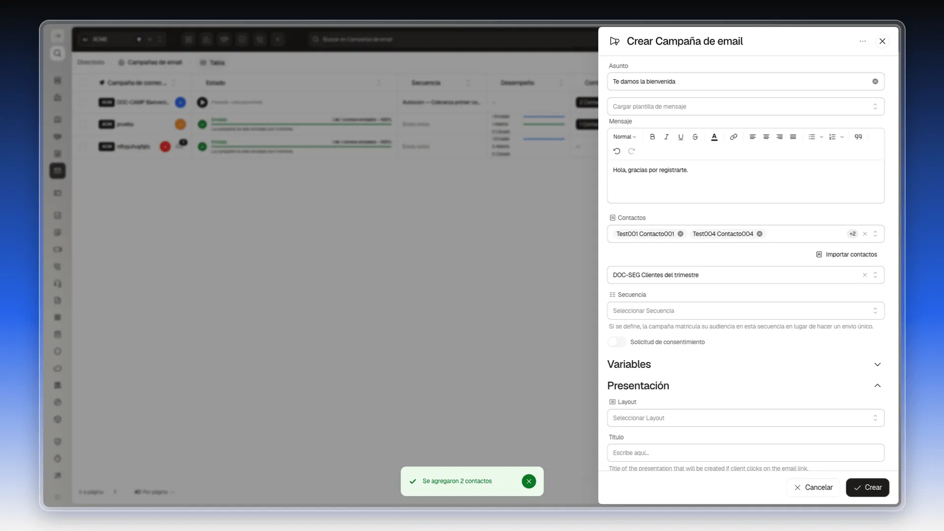 Campo Contactos con el contador +2 tras cargar una lista y el aviso Se agregaron 2 contactos