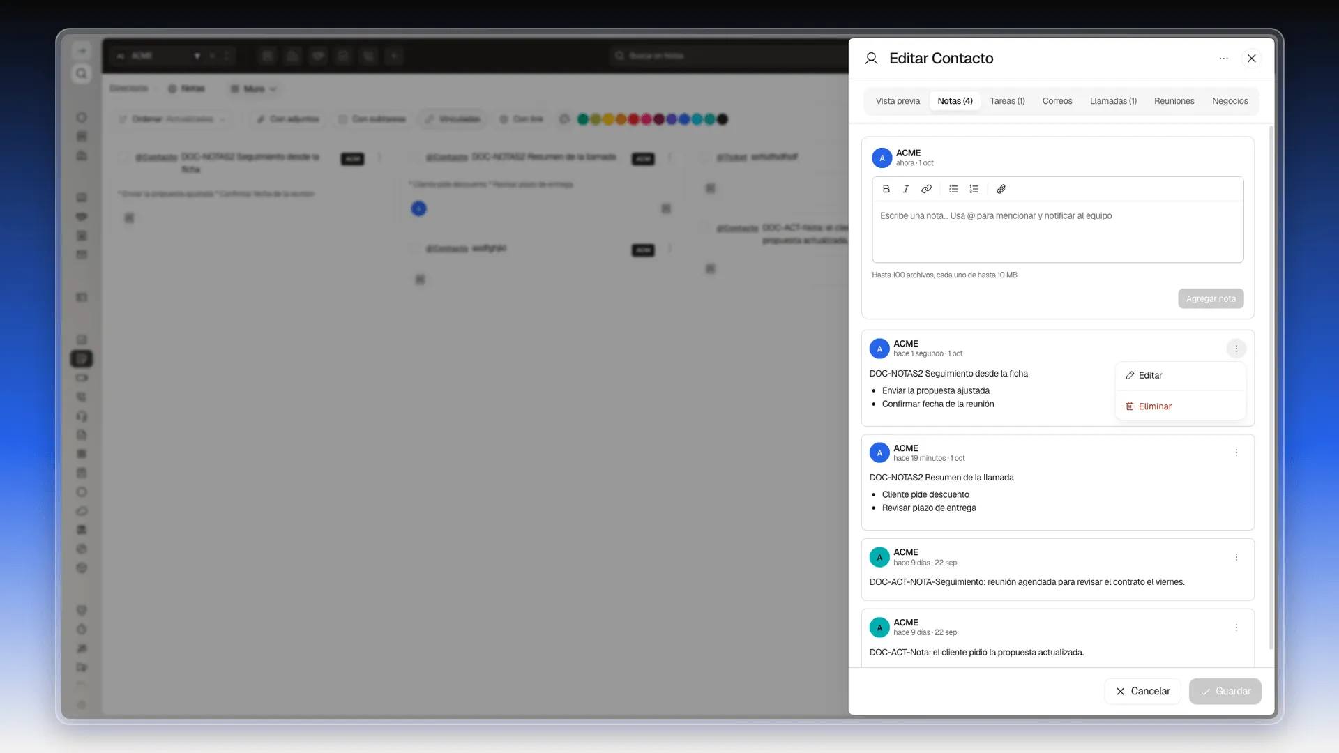 Menú de tres puntos de una nota de la ficha con las opciones Editar y Eliminar