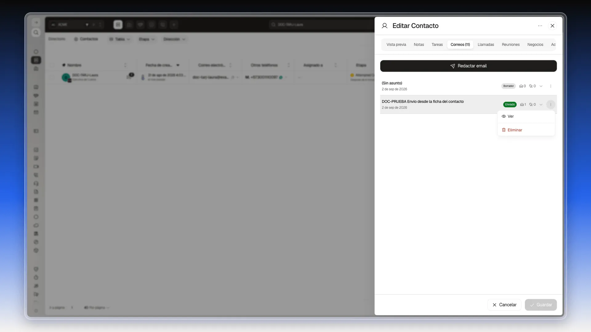 Menú de acciones de un correo enviado, con las opciones Ver y Eliminar