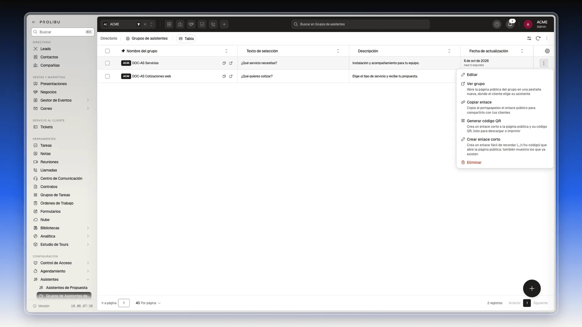 Menú de la fila del grupo con las opciones Editar, Ver grupo, Copiar enlace, Generar código QR, Crear enlace corto y Eliminar
