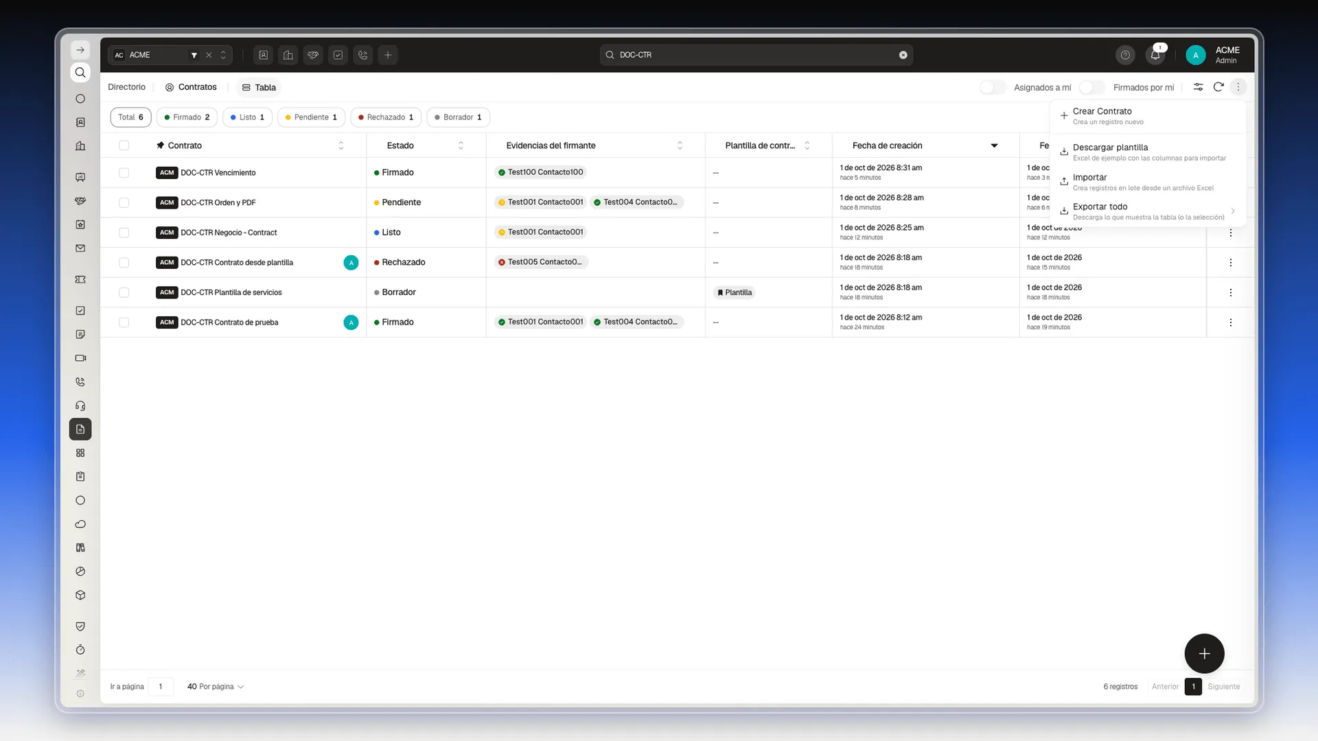 Menú de tres puntos de la lista con Crear Contrato, Descargar plantilla, Importar y Exportar todo