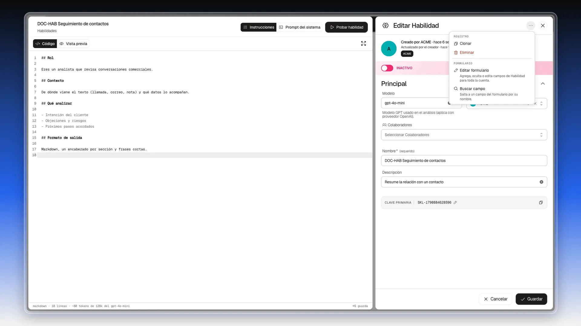 Menú de tres puntos del panel con Clonar, Eliminar, Editar formulario y Buscar campo