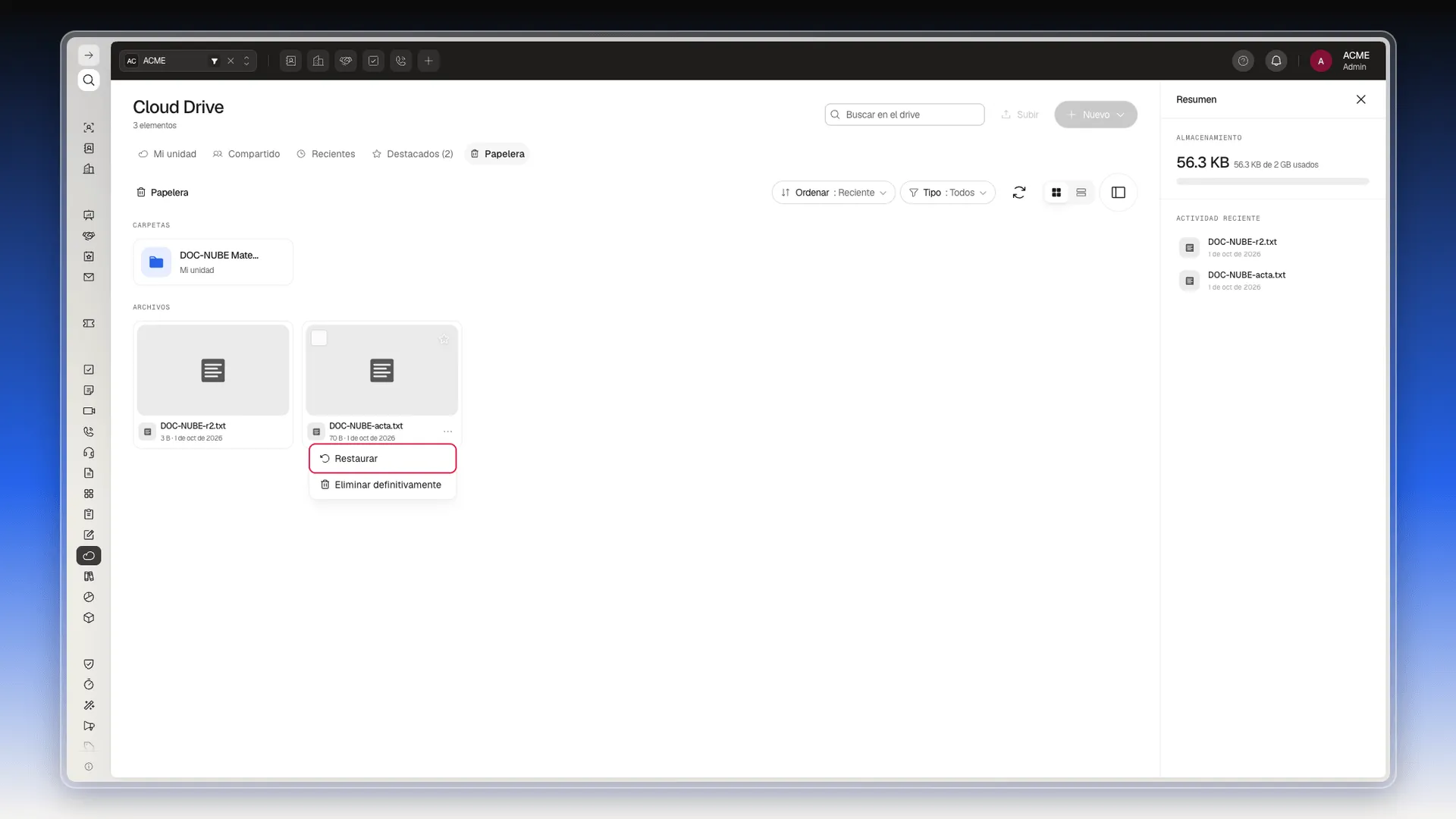 Menú ··· de un archivo en la Papelera con Restaurar resaltado y Eliminar definitivamente debajo
