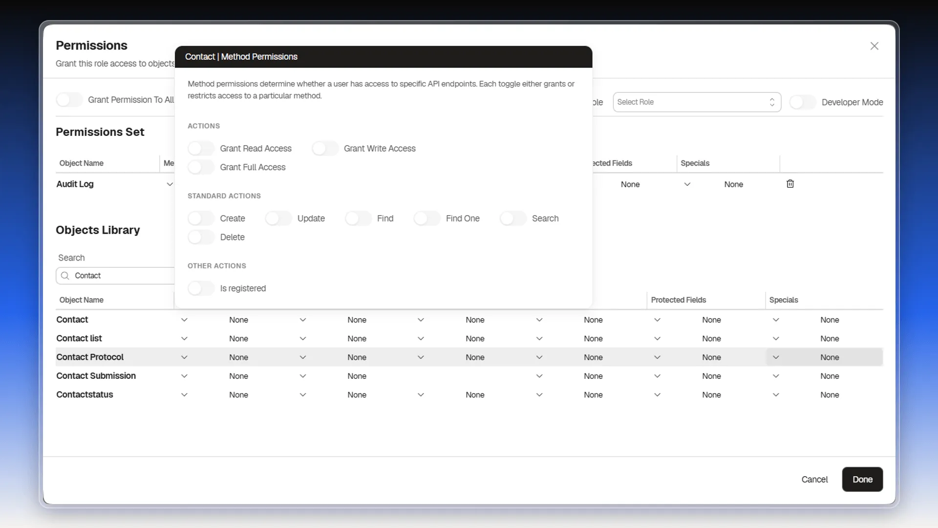 Contact | Method Permissions panel with the Actions, Standard actions, and Other actions groups