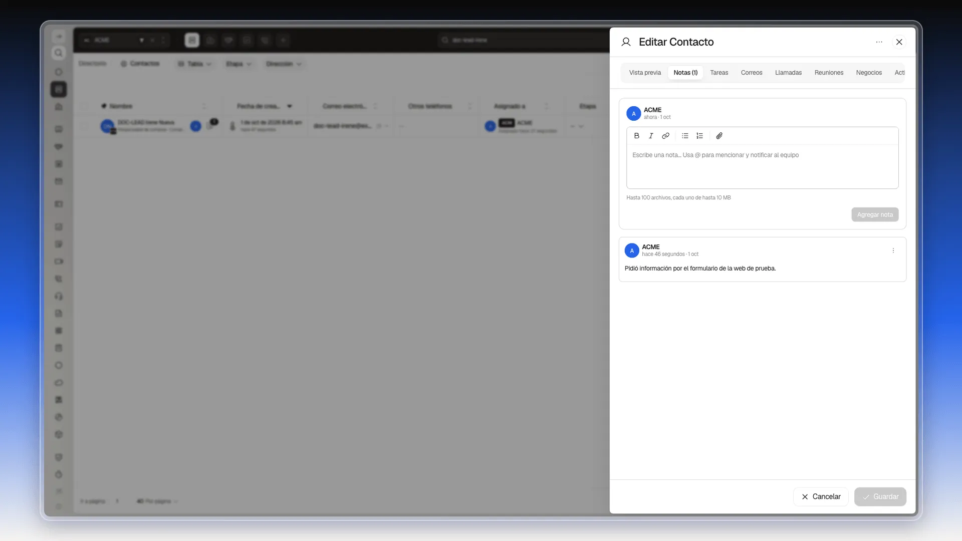 Pestaña Notas de un contacto con la nota que traía la descripción del lead