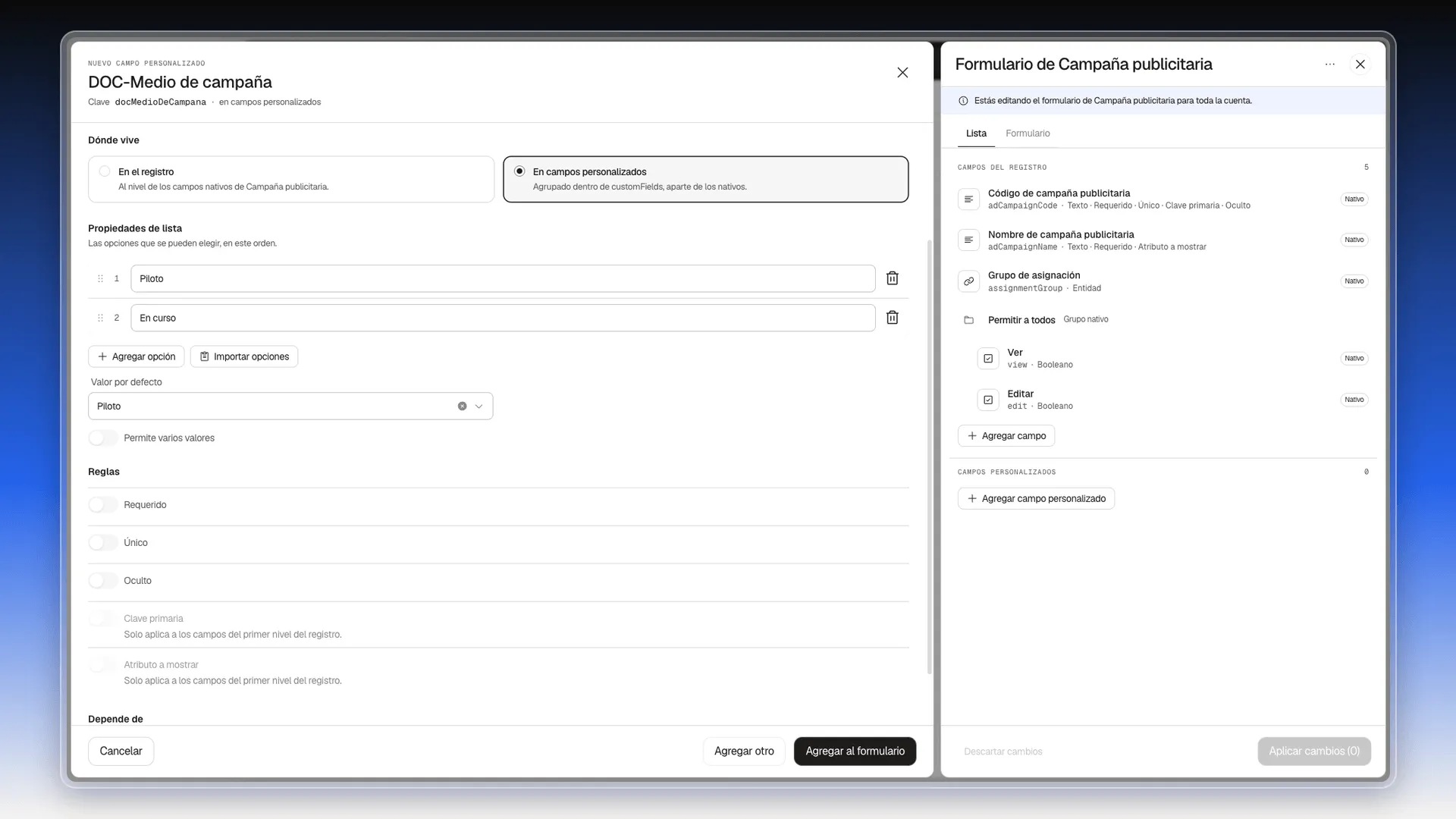 Configuración de Lista desplegable con dos opciones sintéticas, valor por defecto y reglas