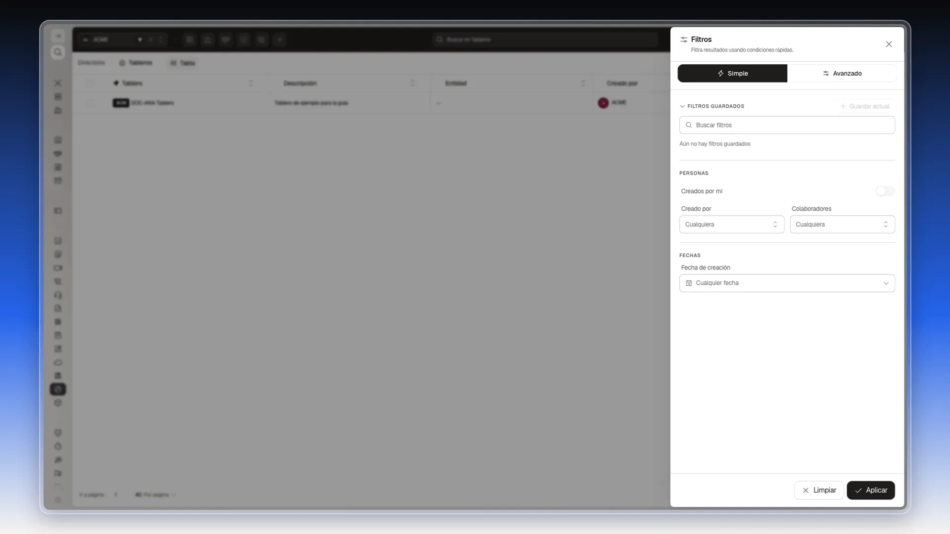 Panel Filtros con las pestañas Simple y Avanzado, Filtros guardados, Personas y Fechas