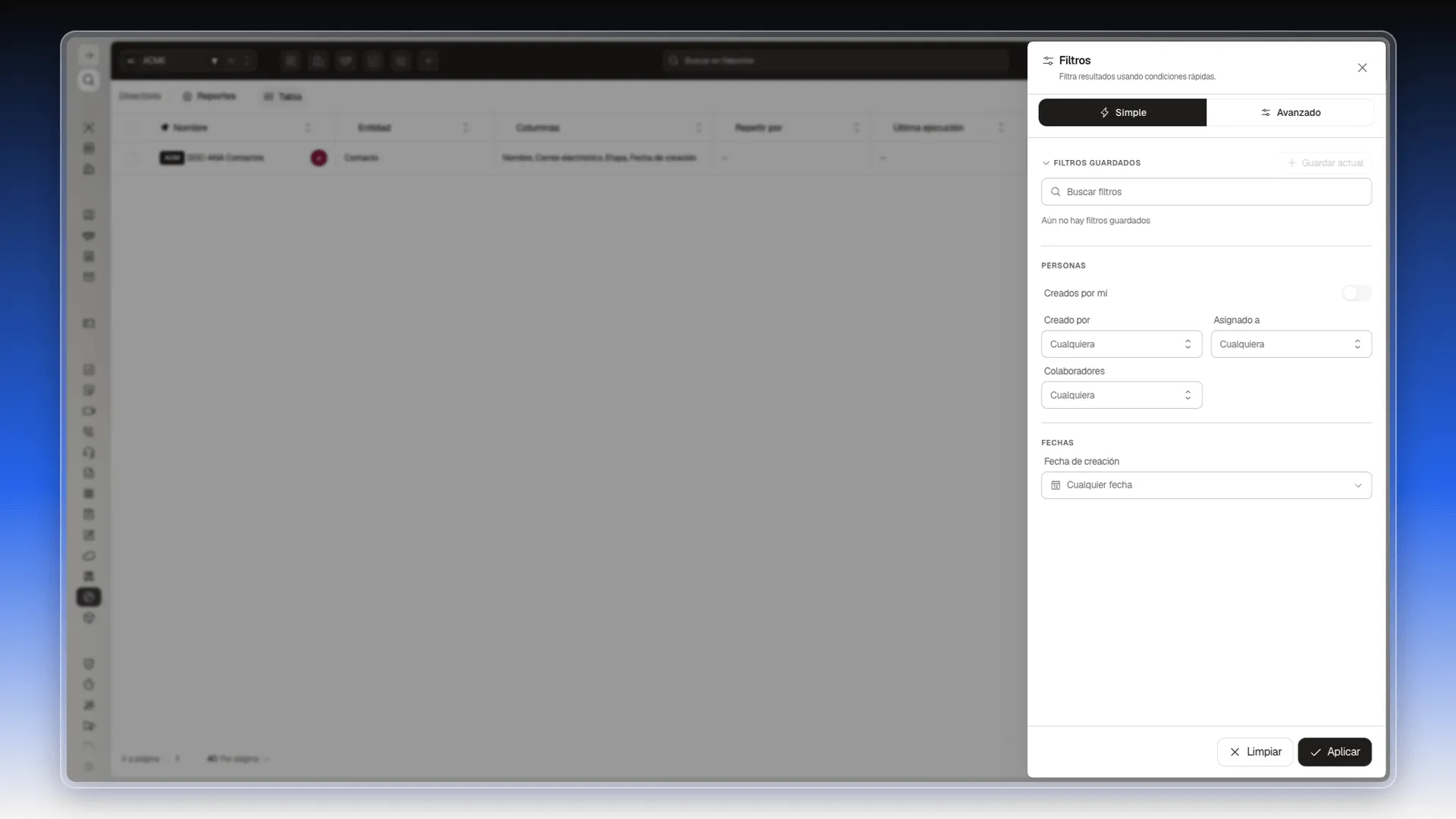 Panel Filtros con las pestañas Simple y Avanzado, Filtros guardados, Personas y Fechas