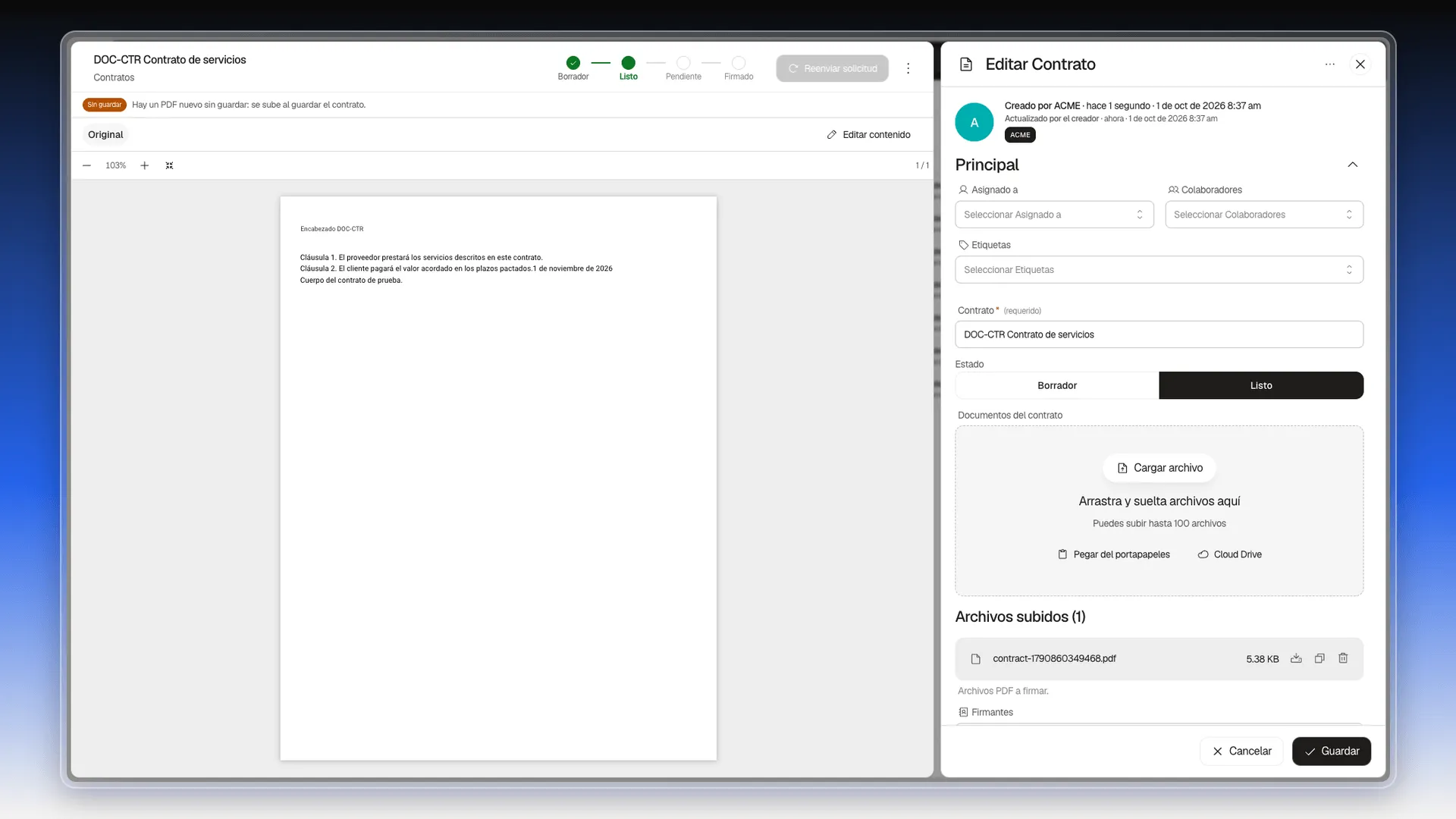 Ficha del contrato con el aviso Sin guardar sobre el visor y el PDF generado a partir del texto