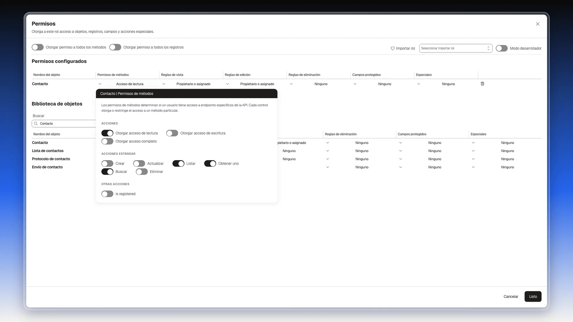Panel Contacto | Permisos de métodos con Otorgar acceso de lectura activado, que enciende Listar, Obtener uno y Buscar