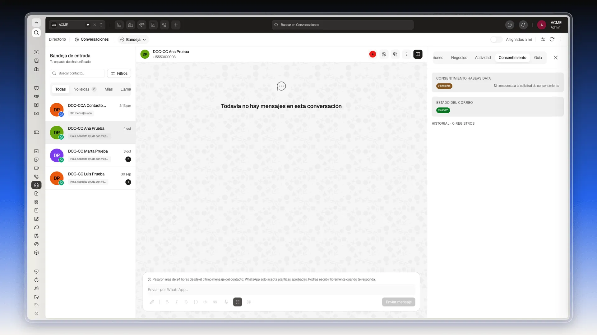Pestaña Consentimiento del panel de información de una conversación