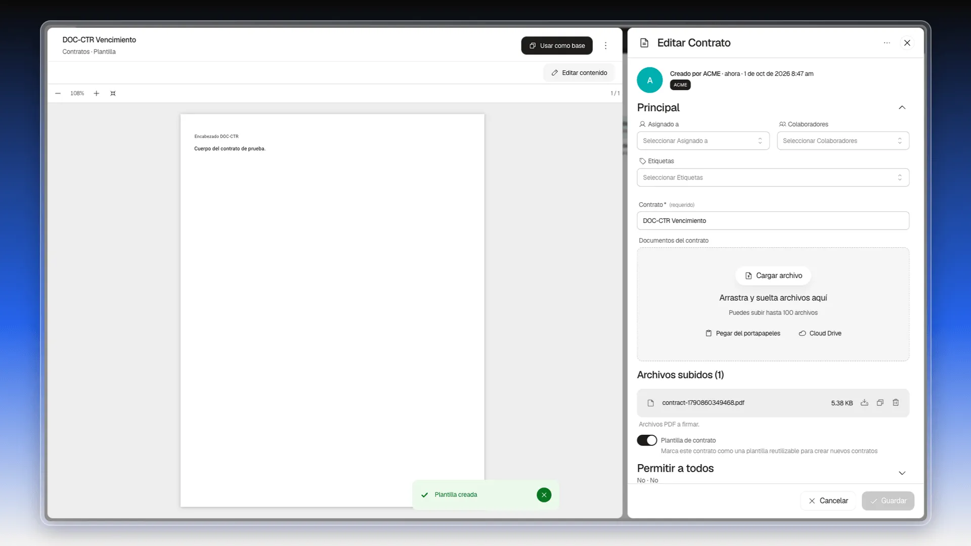Ficha de una plantilla recién creada, con el aviso Plantilla creada y el botón Usar como base