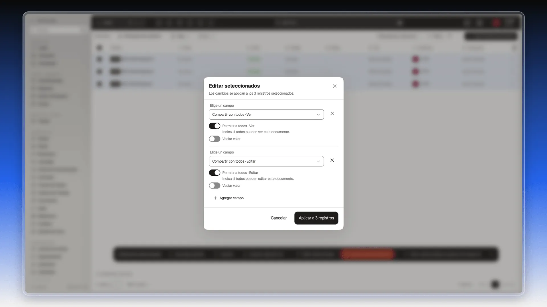 Diálogo Editar seleccionados con los campos Compartir con todos · Ver y Compartir con todos · Editar, sus interruptores activados y el botón Aplicar a 3 registros