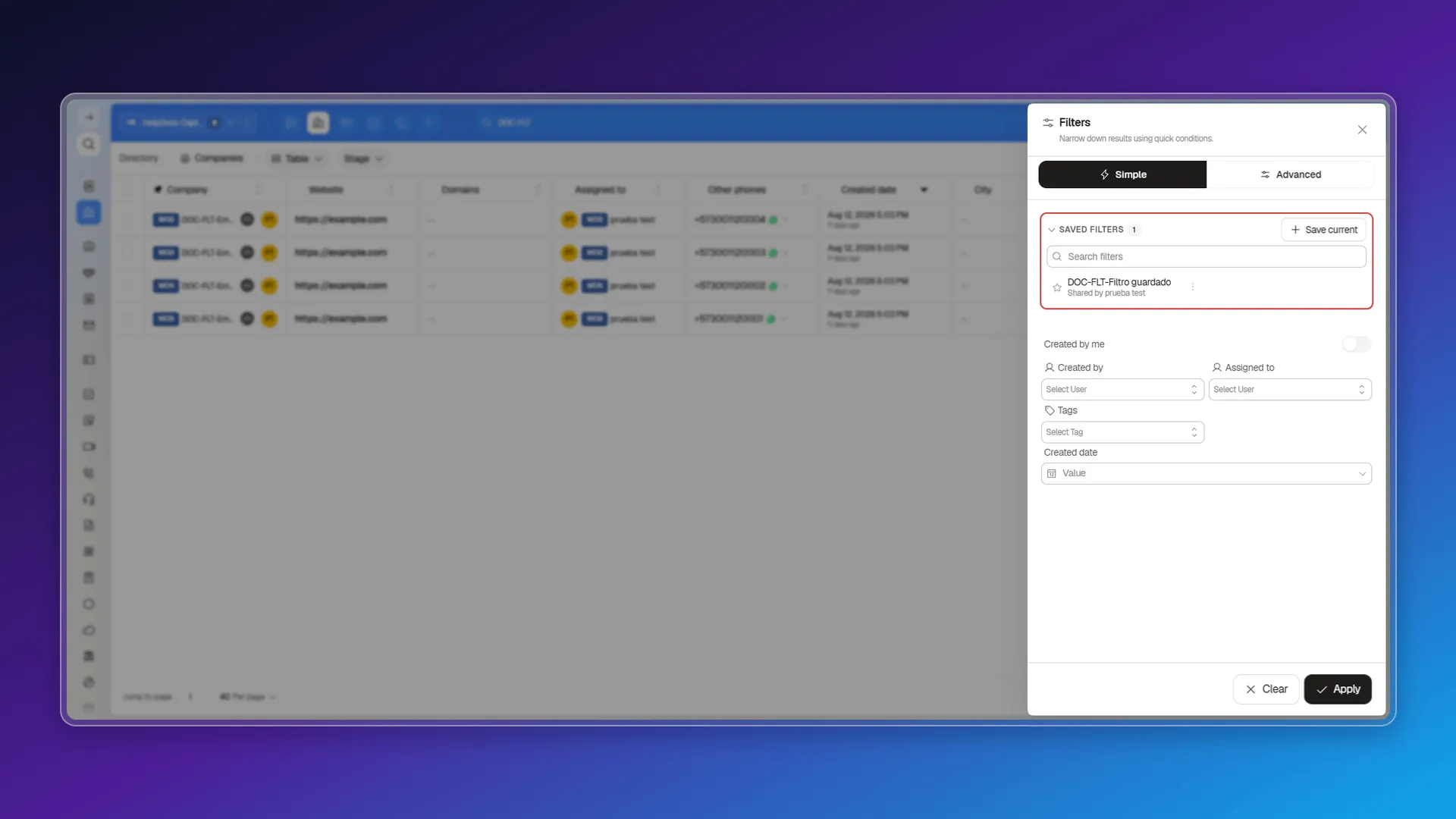 Filters panel with Saved filters, Save current, and quick conditions