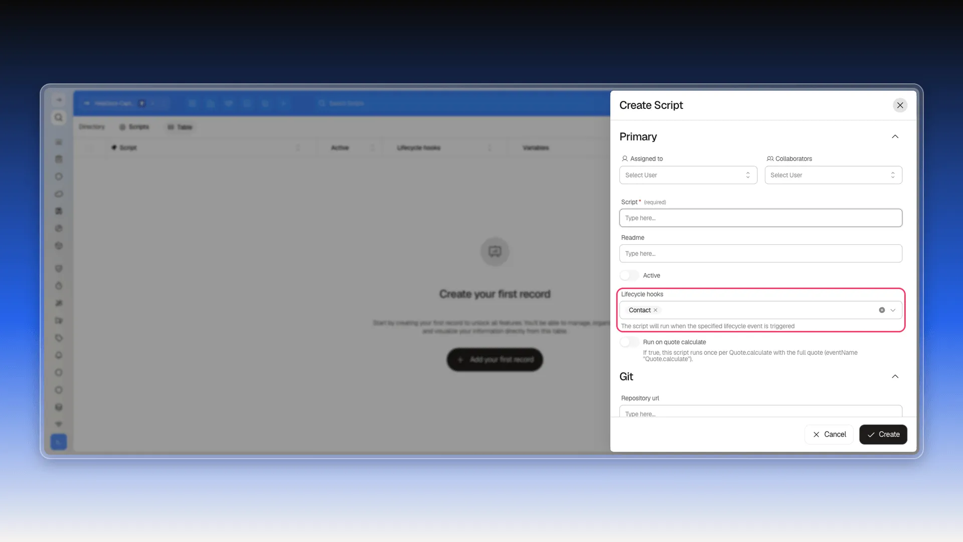 Create Script dialog with the Contact object selected in Lifecycle hooks, highlighted