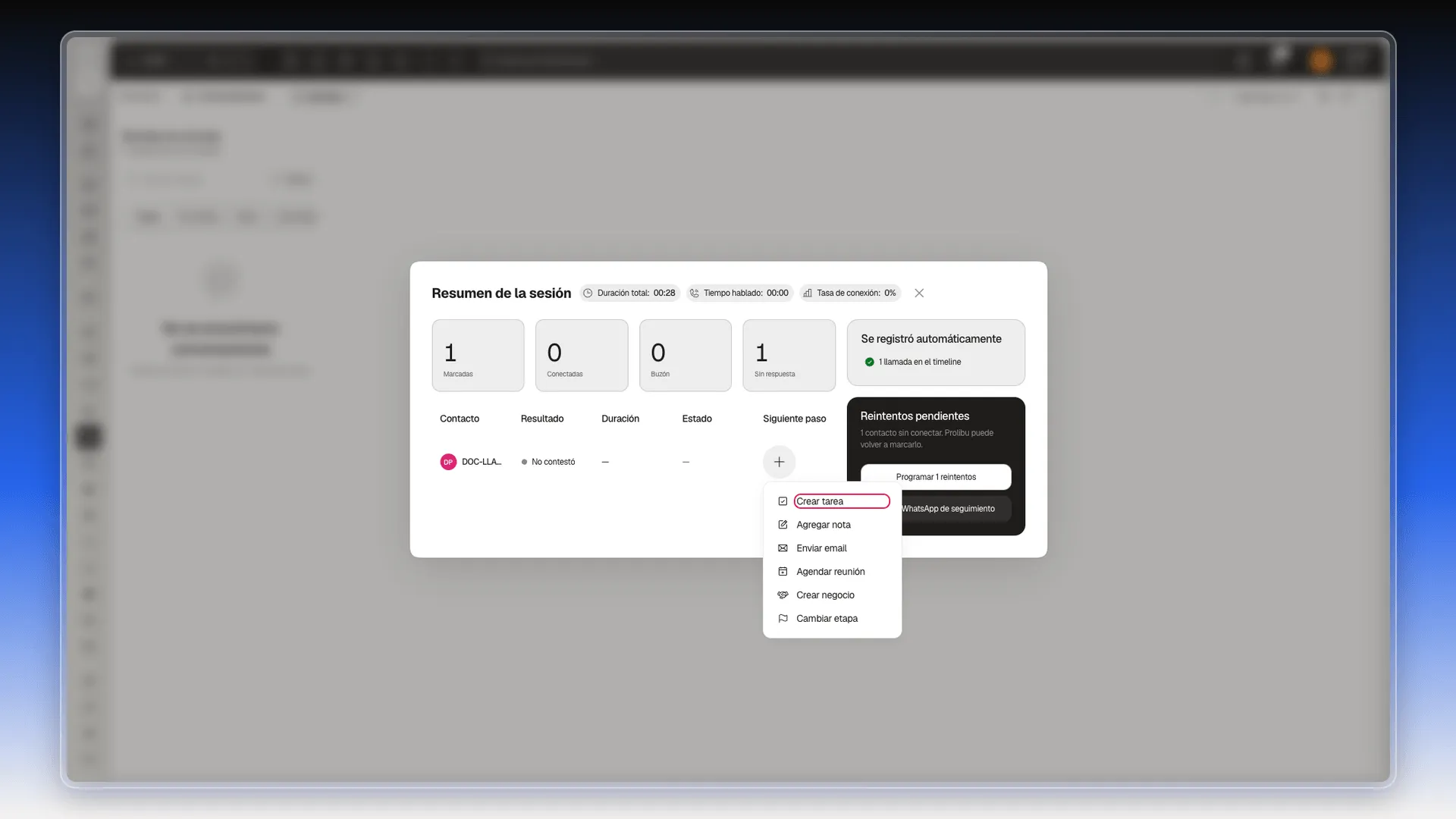 Resumen de la sesión con el menú de Siguiente paso abierto y la opción Crear tarea marcada