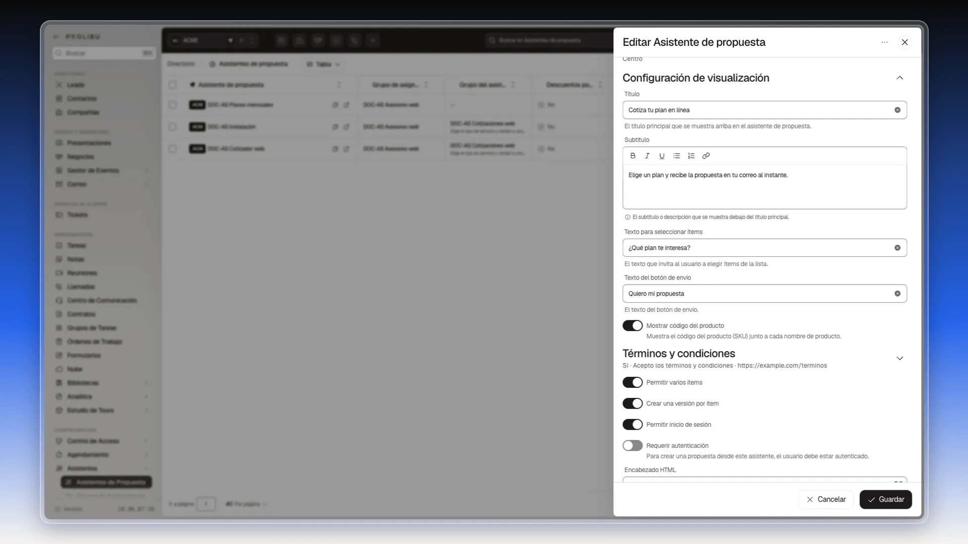 Sección Configuración de visualización con título, subtítulo, texto para seleccionar ítems, texto del botón y Mostrar código del producto encendido