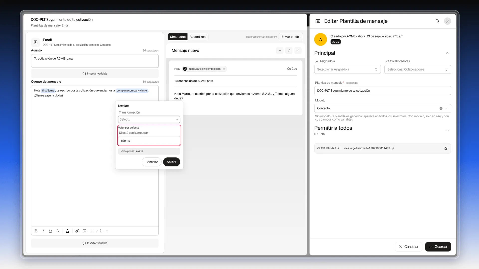 Panel de configuración de la variable Nombre con Valor por defecto → Si está vacío, mostrar resaltado y el texto cliente escrito