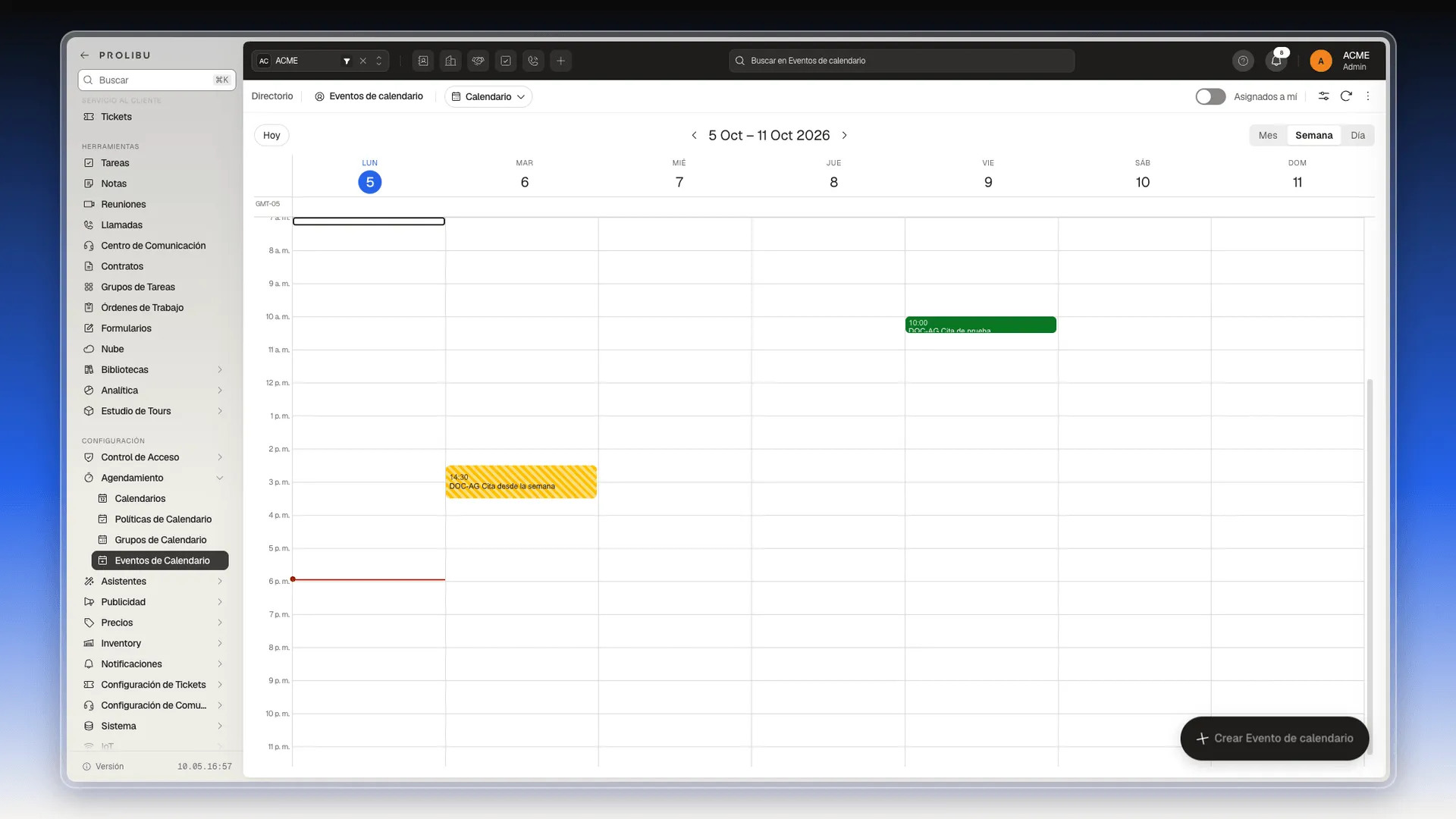 Vista Calendario por semana con un evento confirmado el viernes a las 10 y uno tentativo el martes a las 14