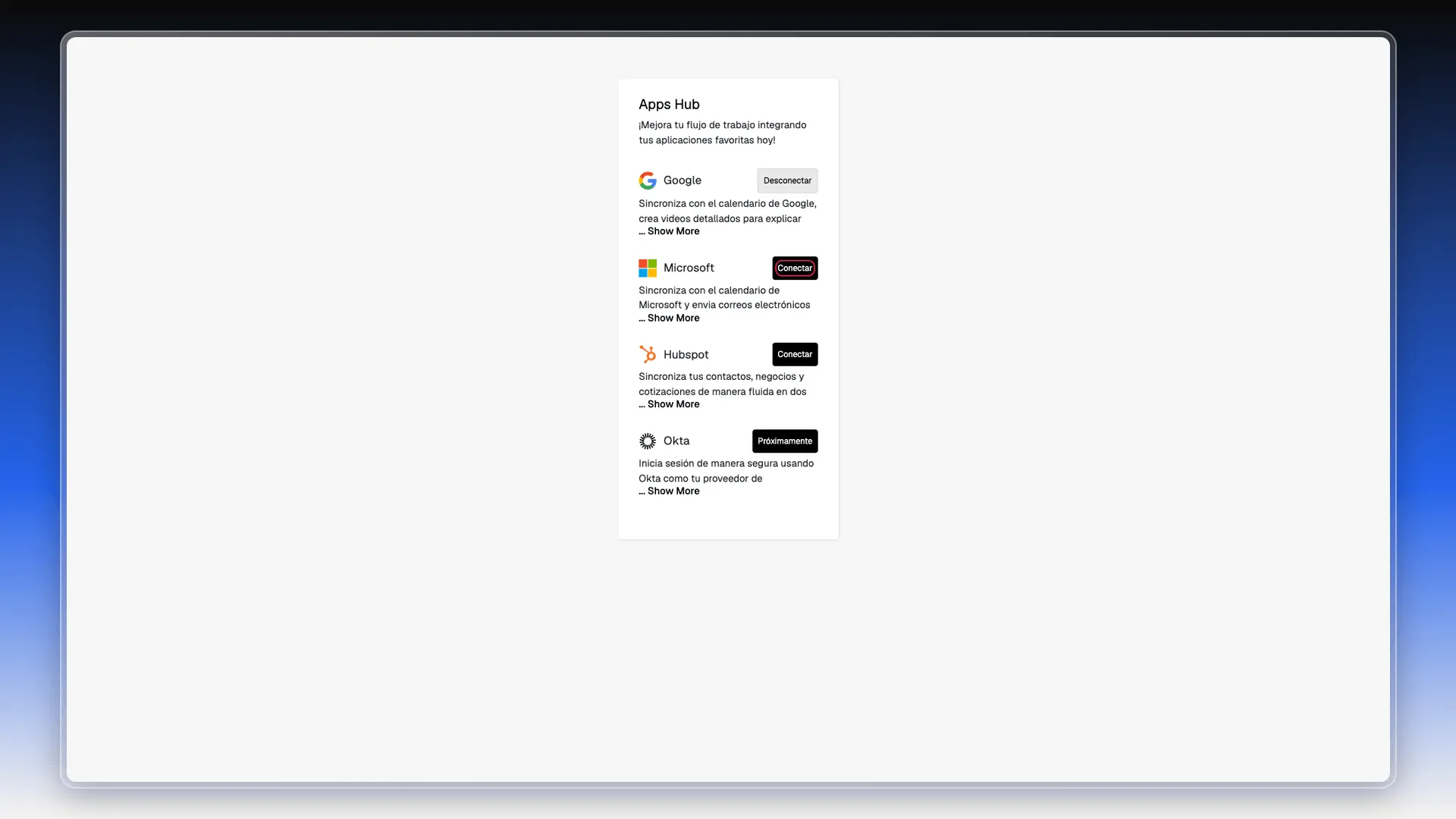 Apps Hub con las tarjetas de Google, Microsoft, Hubspot y Okta, y el botón Conectar de Microsoft resaltado