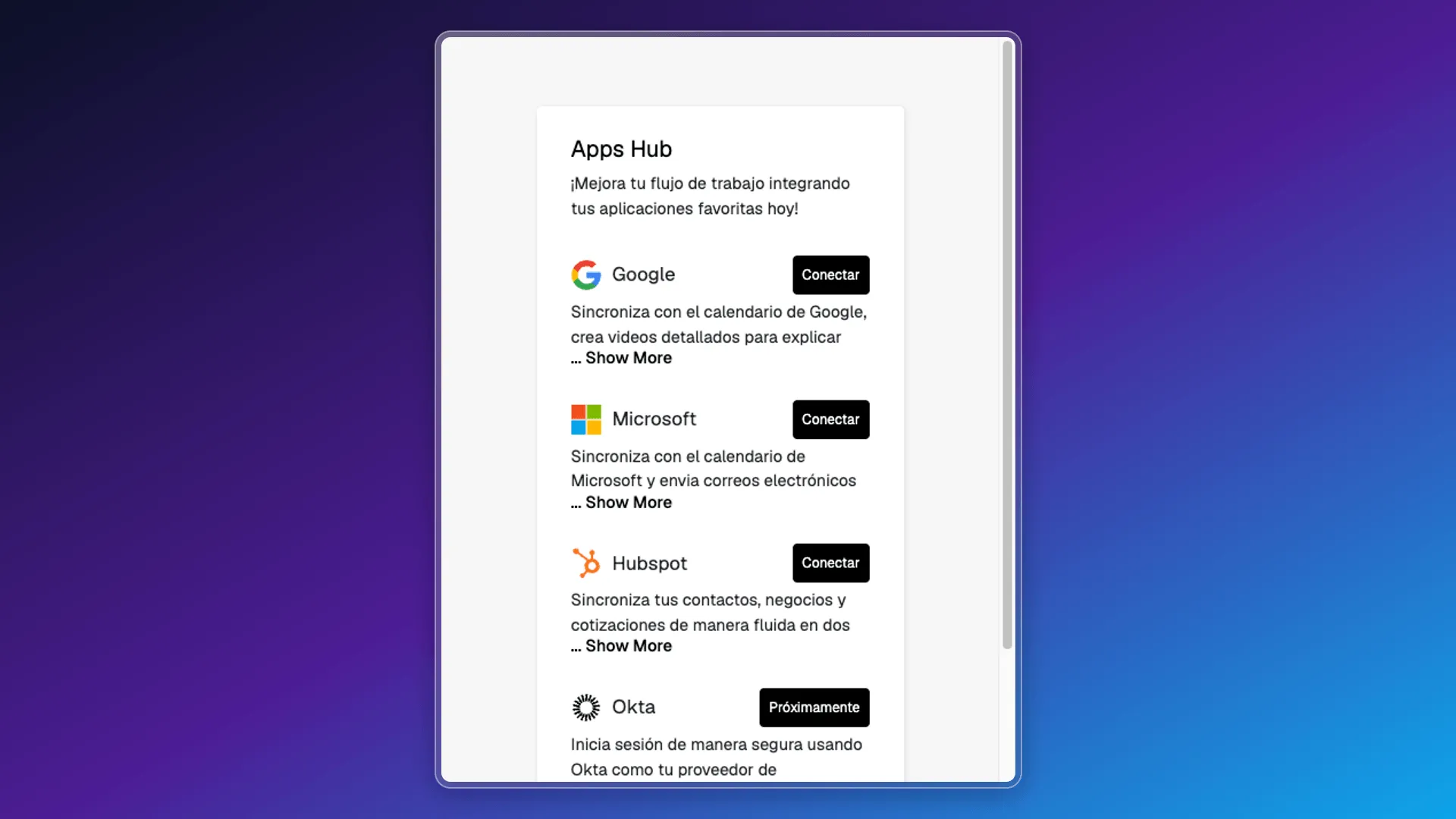 Apps Hub with cards for Google, Microsoft, Hubspot, and Okta