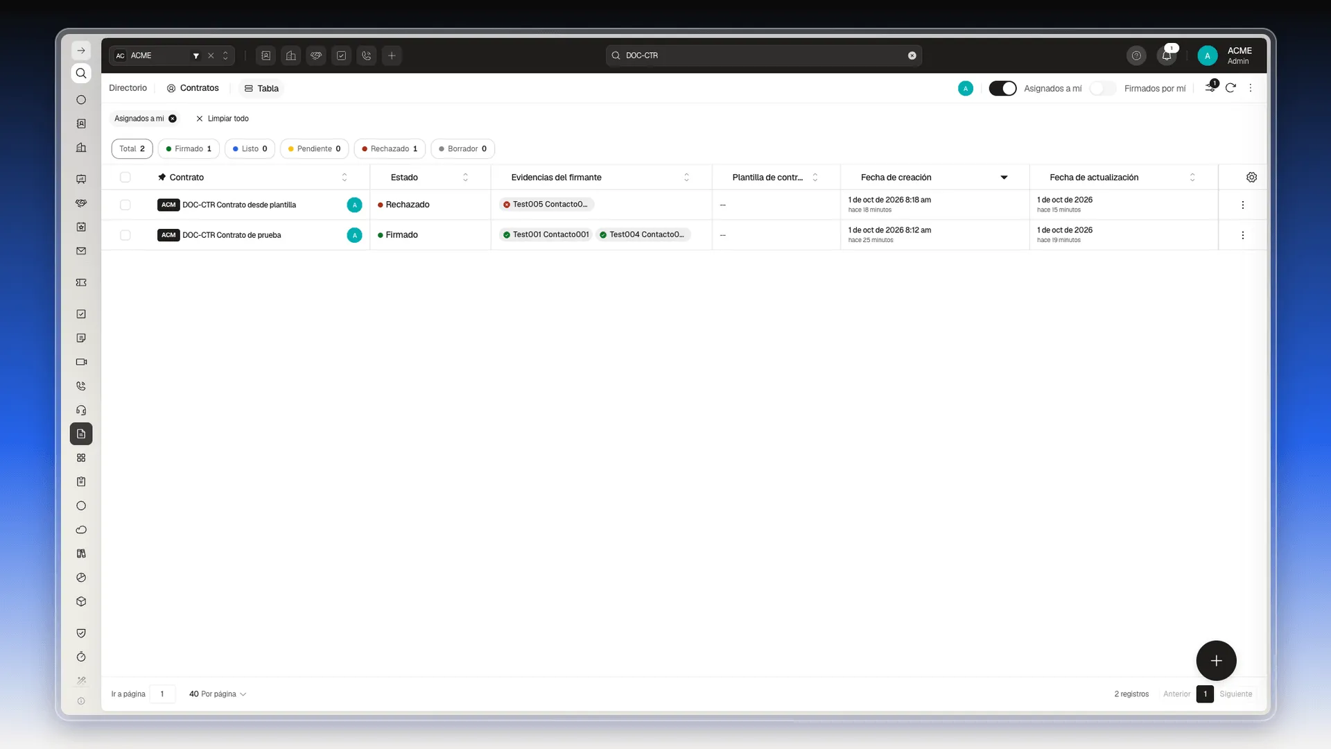 Tabla con el interruptor Asignados a mí activado y el filtro aplicado