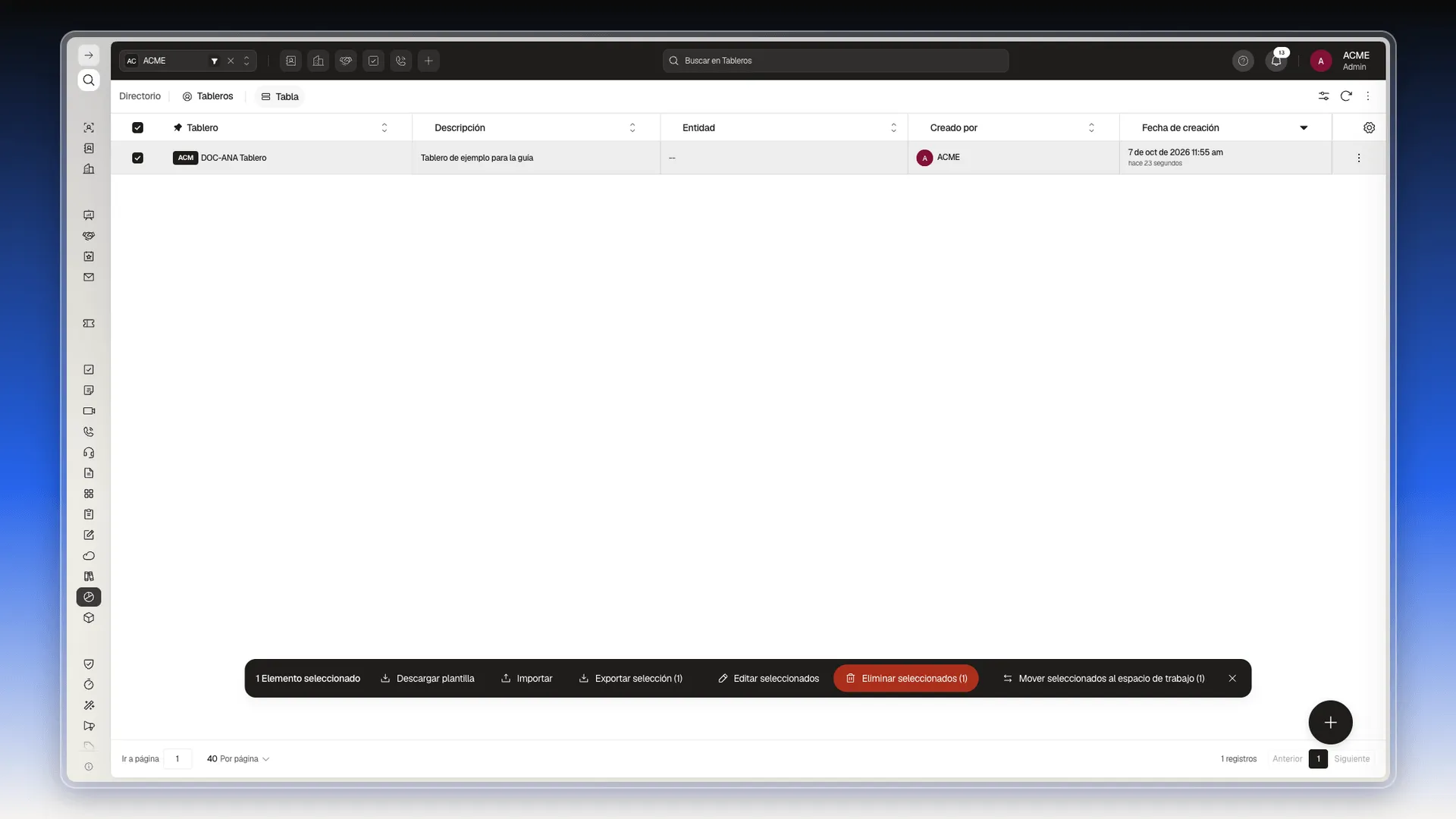 Lista de tableros con un tablero marcado y la barra negra inferior con Exportar selección, Editar seleccionados, Eliminar seleccionados y Mover seleccionados al espacio de trabajo