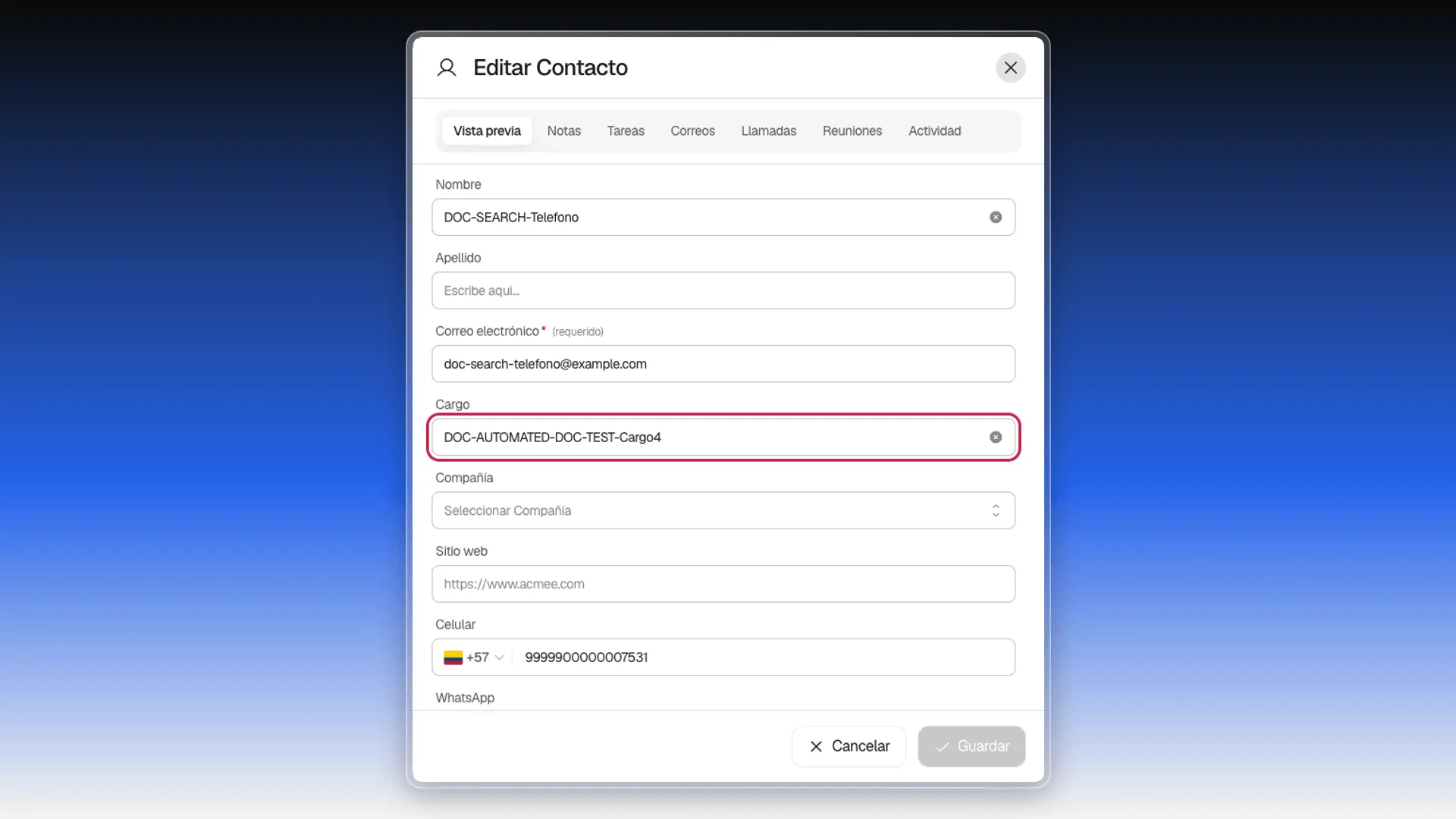 Ficha Editar Contacto con el campo Cargo resaltado, con el valor que escribió el script