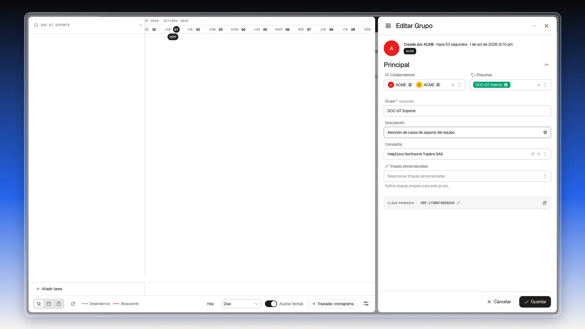 Panel del grupo con la descripción escrita y la compañía elegida