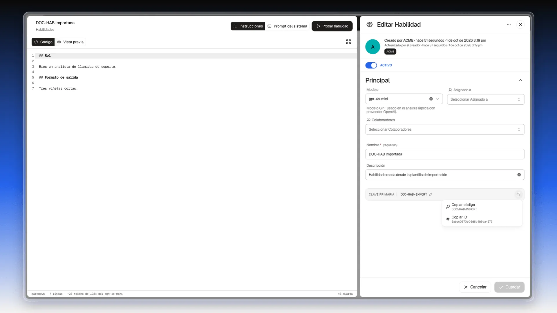 Menú del icono de copiar con las opciones Copiar código y Copiar ID