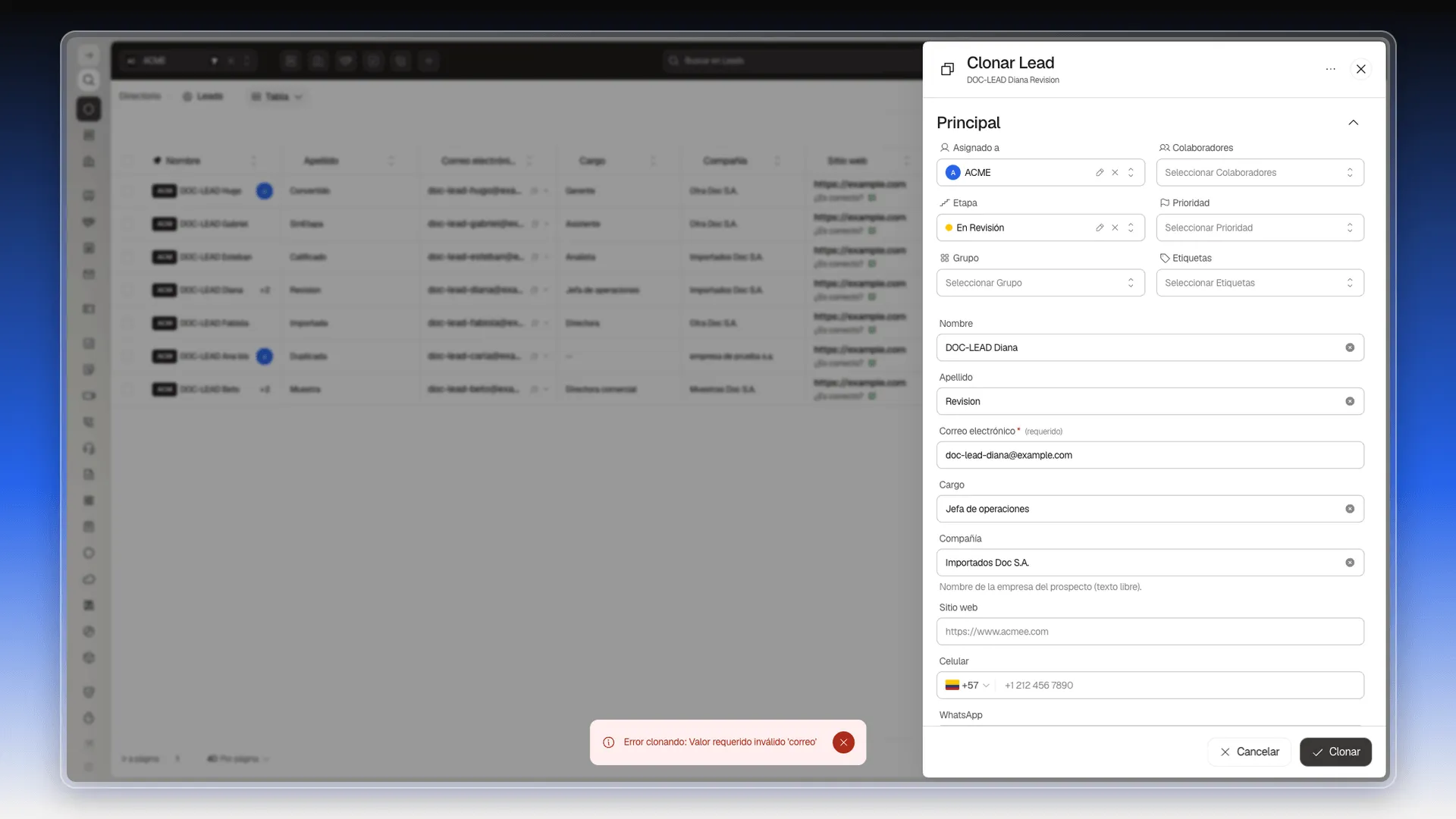 Panel Clonar Lead con el aviso rojo Error clonando: Valor requerido inválido correo